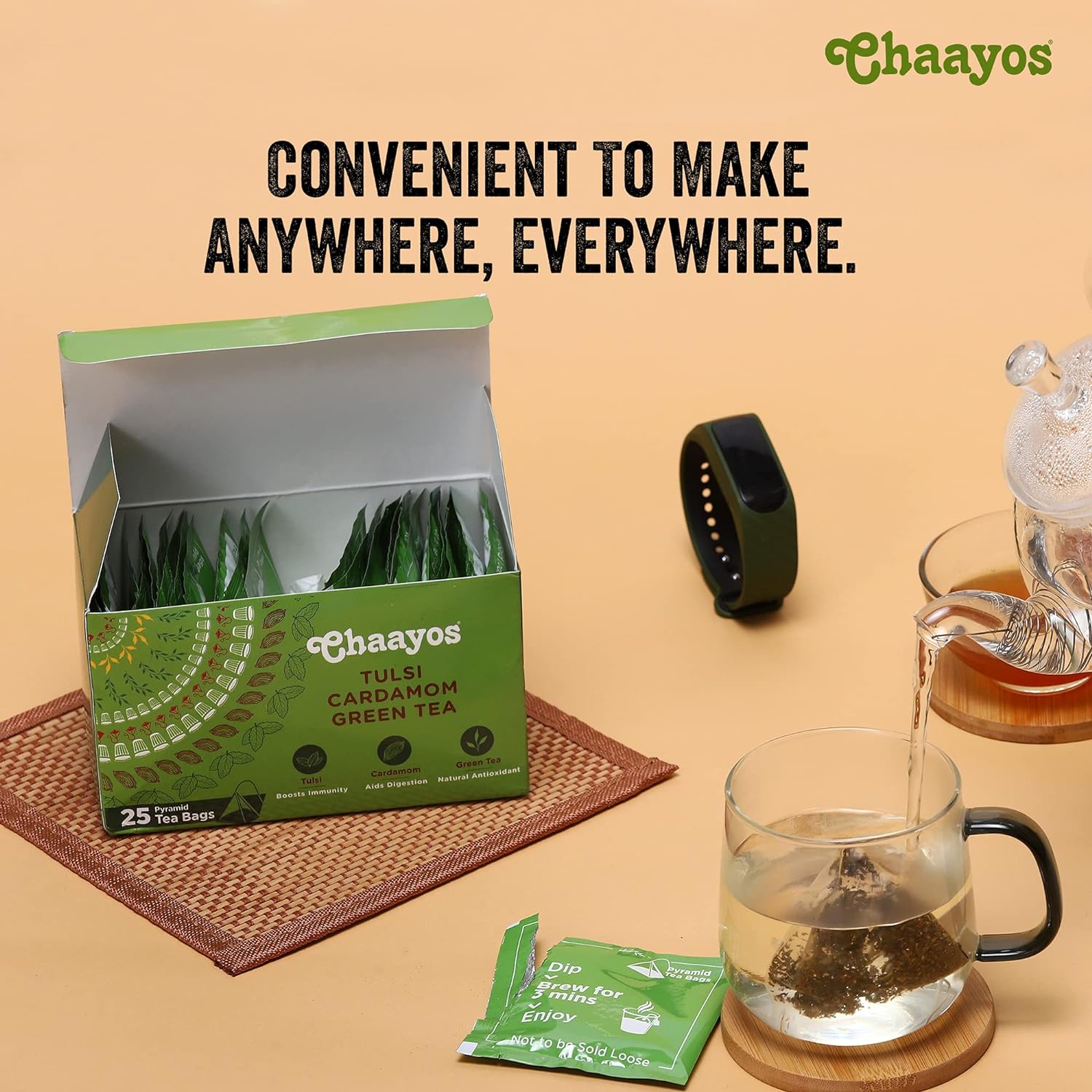 Chaayos Green Tea Bags - Tulsi Cardamom (25 Pyramid Tea Bags) | Tulsi and Cardamom Flavoured Green Tea | Green Tea | Herbal Tea | Tulsi Green Tea | Detox Green Tea - View 3 of 3
