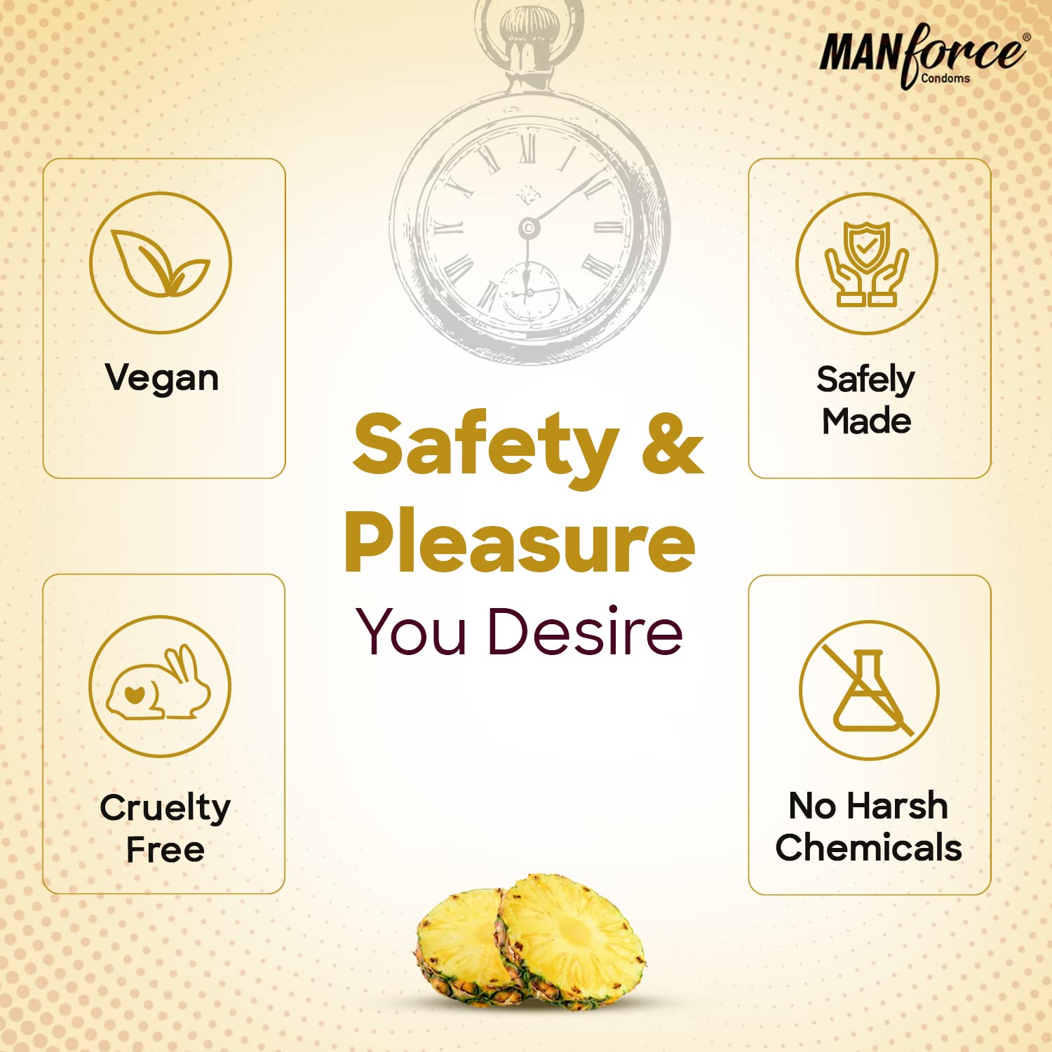 Manforce Overtime Pineapple Flavoured Condoms for Men| 3-in-1 Ribbed, Contoured, & Dotted for Extra Stimulation| Long-Lasting Pleasure | India’s No. 1* Condom Brand| Lubricated Latex Condoms - View 3 of 3
