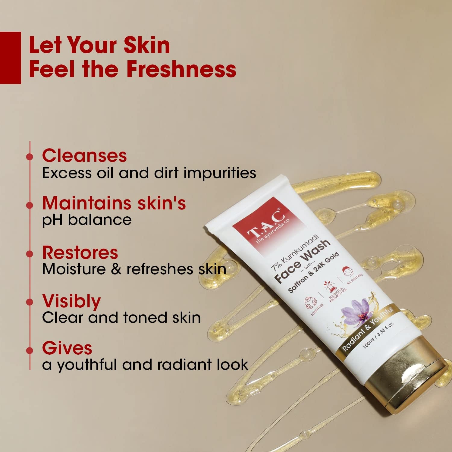 TAC - The Ayurveda Co. 7% Kumkumadi Face Wash for Visibly Glowing Skin, Face Cleanser with Saffron Removes Excess Oil &amp; Dust, for All Skin Types - 100Ml - View 3 of 3