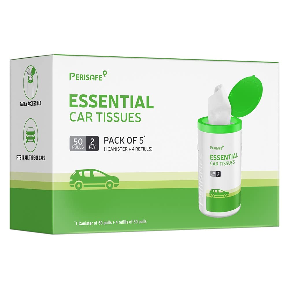 Perisafe Essential Car Tissues Pack of 5 (50 pulls 2 ply–250 pulls) | Fits in all type of Car Cup Holder| Easily Accessible |Soft, Eco friendly & Chemical free |1 Canister of 50 pulls + 4 refill - Related product