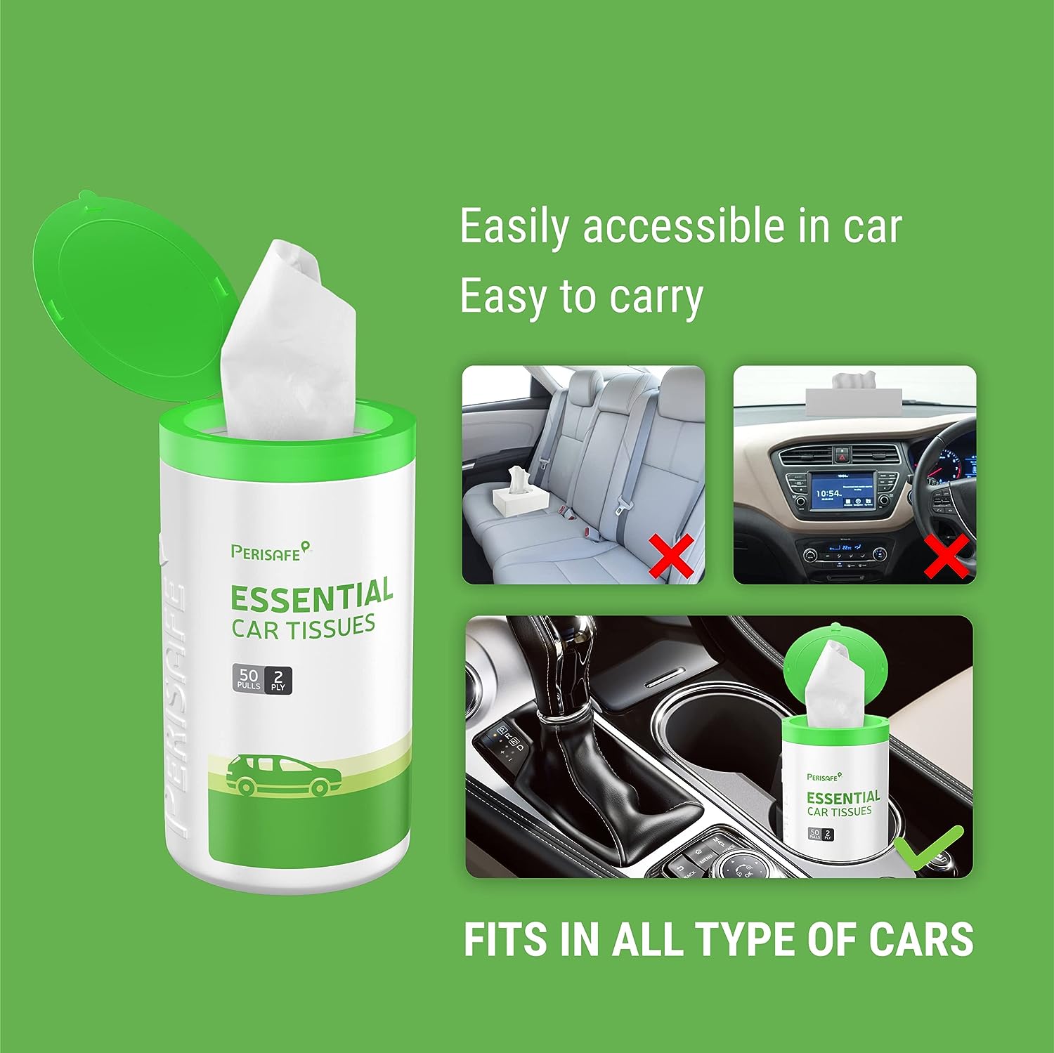 Perisafe Essential Car Tissues Pack of 5 (50 pulls 2 ply–250 pulls) | Fits in all type of Car Cup Holder| Easily Accessible |Soft, Eco friendly & Chemical free |1 Canister of 50 pulls + 4 refill - View 4 of 4