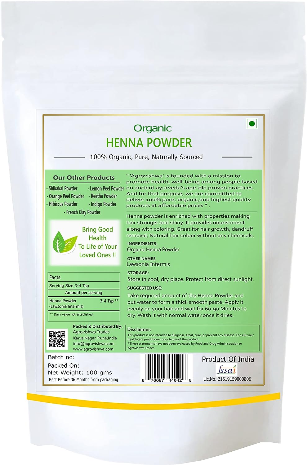 Agrovishwa 100% Pure &amp; Natural Organic Henna Powder | Henna For Smooth | Silky Hair| Chemical Free |Hair Dye | Tattoos | Body Art Quality-100g (Henna -100g) - View 4 of 4