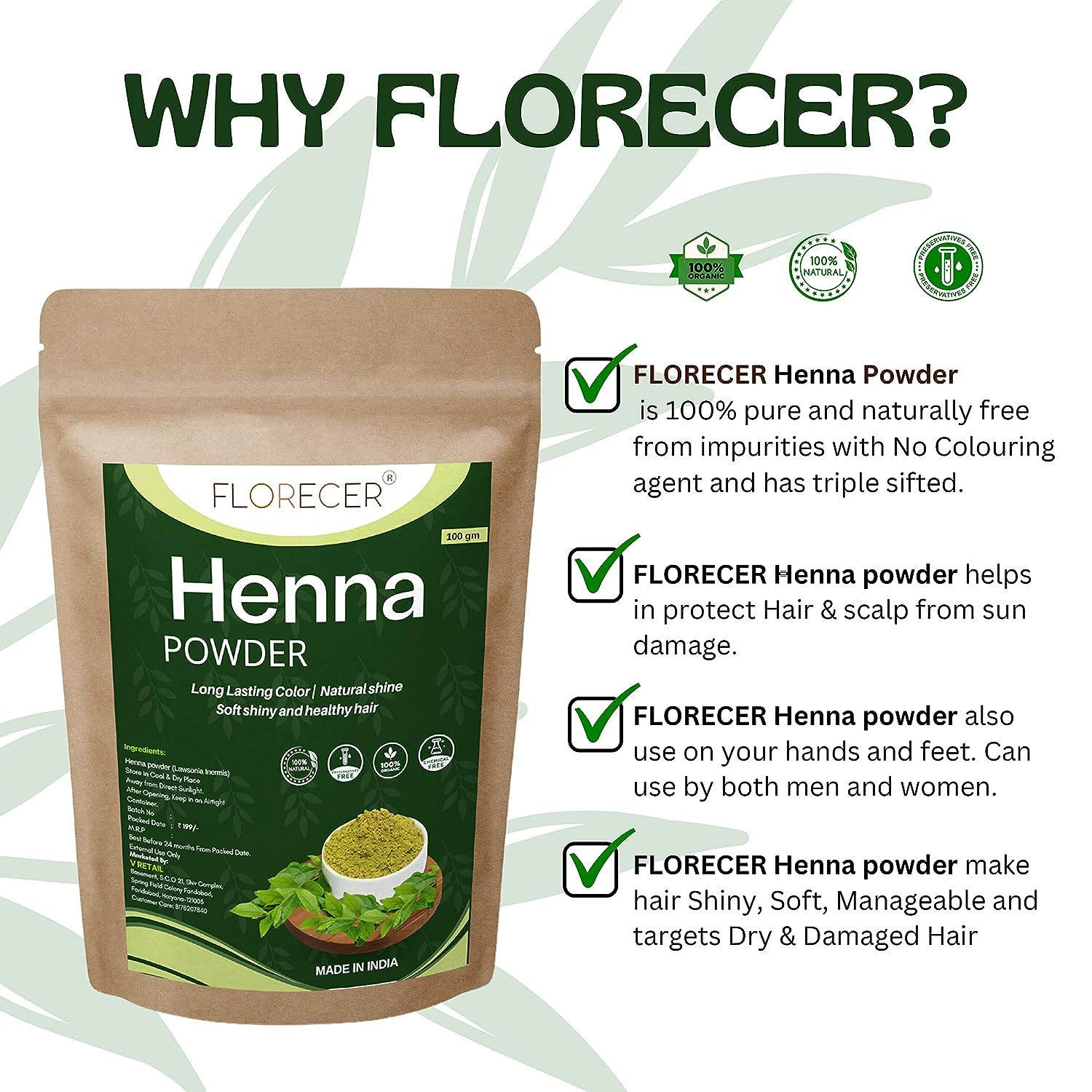 Florecer Indigo Powder Organic For Hair + Florecer Henna Powder For Hair | Mehandi | Henna and Indigo Powder Combo | Hair Colour | Men And Women- Each 100 Grams - View 3 of 4