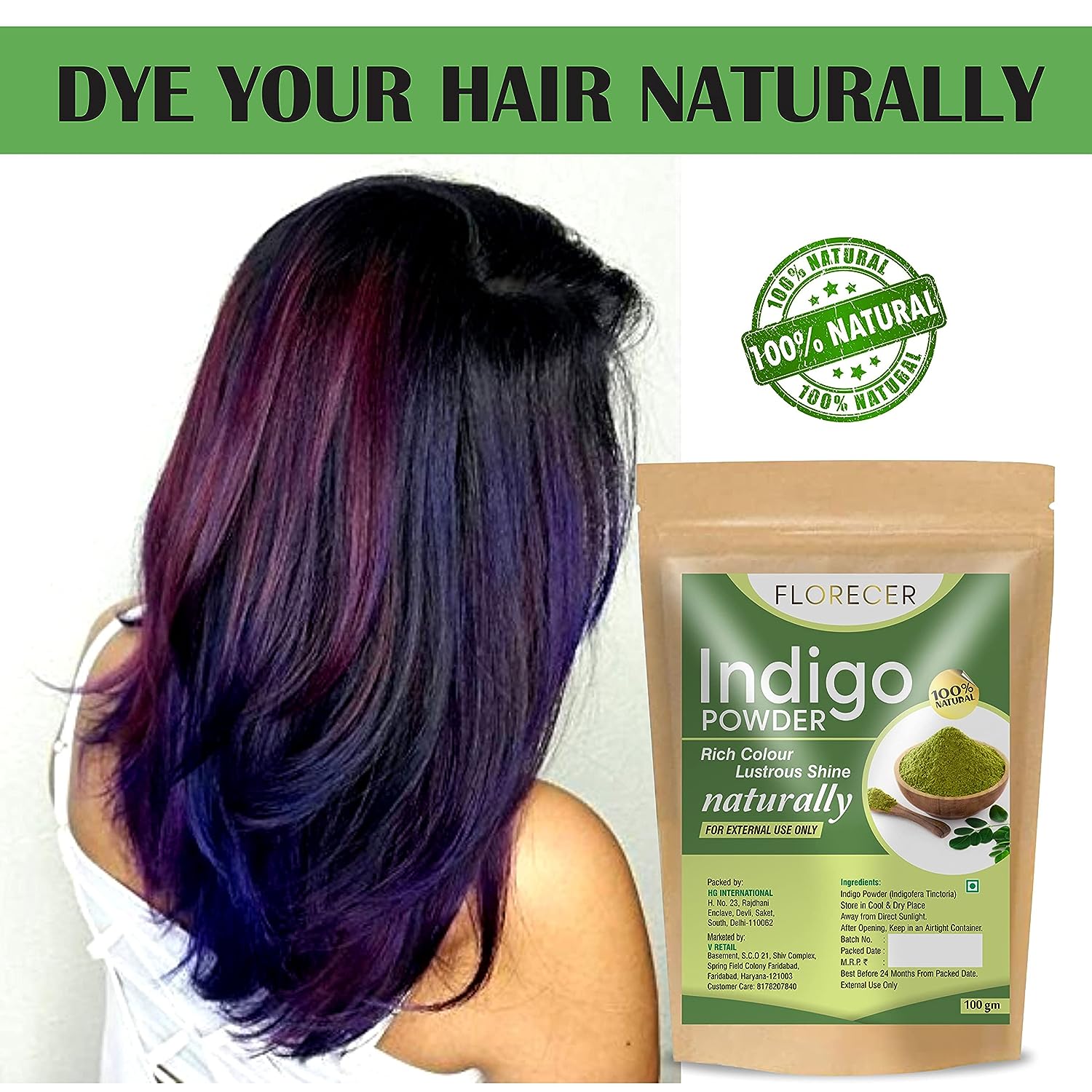 Florecer Indigo Powder Organic For Hair + Florecer Henna Powder For Hair | Mehandi | Henna and Indigo Powder Combo | Hair Colour | Men And Women- Each 100 Grams - View 4 of 4
