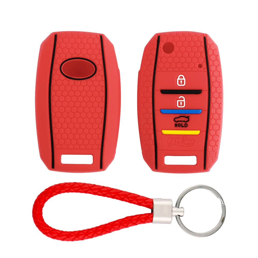 Keycare® Silicone Key Cover and Keyring Compatible for Kia Seltos, Sonet, Carens 3 Button flip Key (Non Push Button Start Models only) (Red with Mini Red Keyring) - Related product