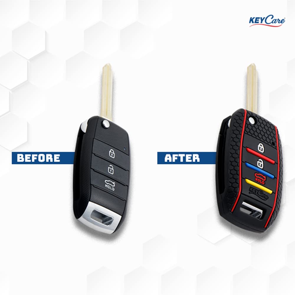 Keycare® Silicone Key Cover and Keyring Compatible for Kia Seltos, Sonet, Carens 3 Button flip Key (Non Push Button Start Models only) (Red with Mini Red Keyring) - View 3 of 3