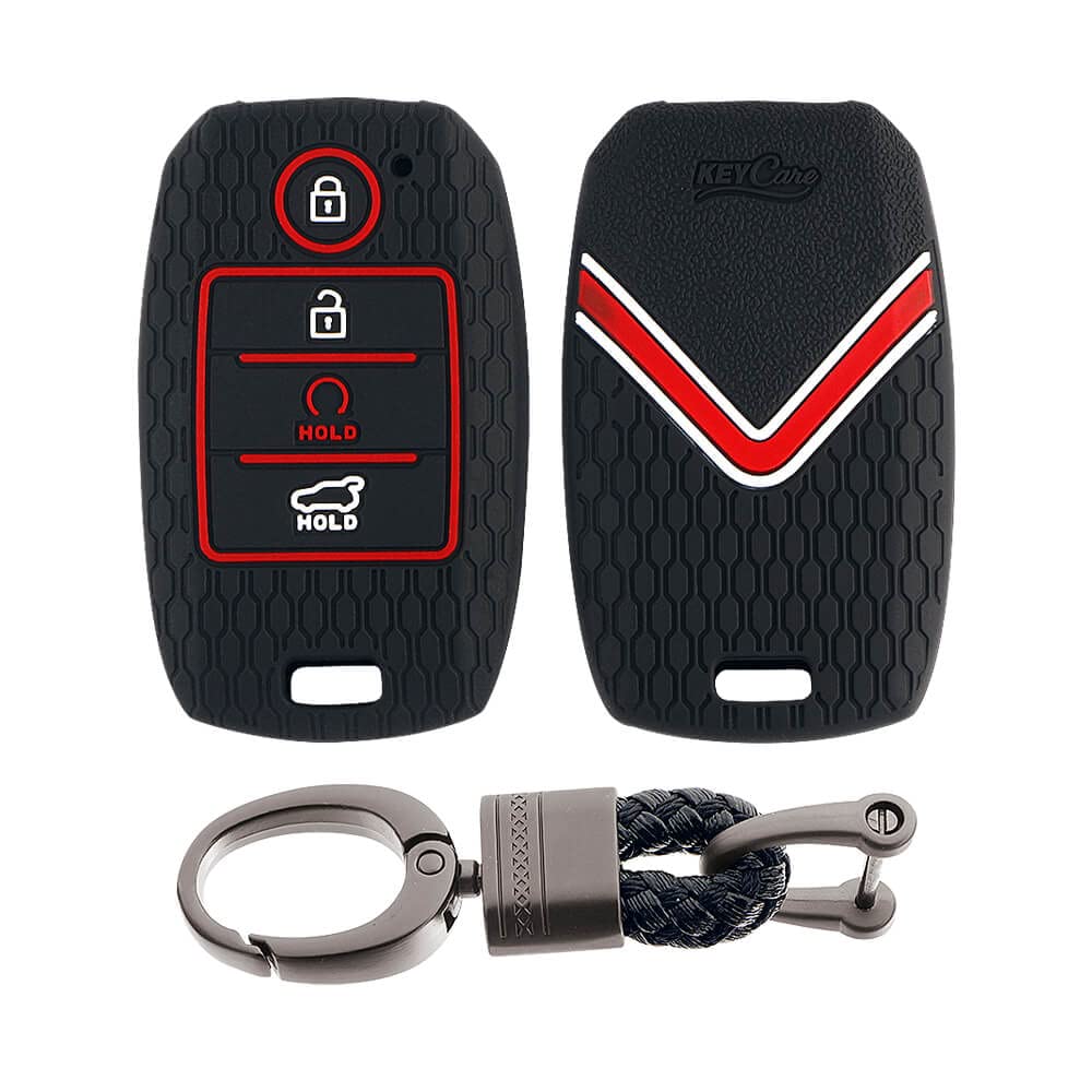 Keycare® Silicone Key Cover and Keyring Compatible for Sonet, Seltos 2020, Carens 4 Button Smart Key (Push Button Start Models) (Black with Alloy Key Holder Black) - Shop at Colombo Mall