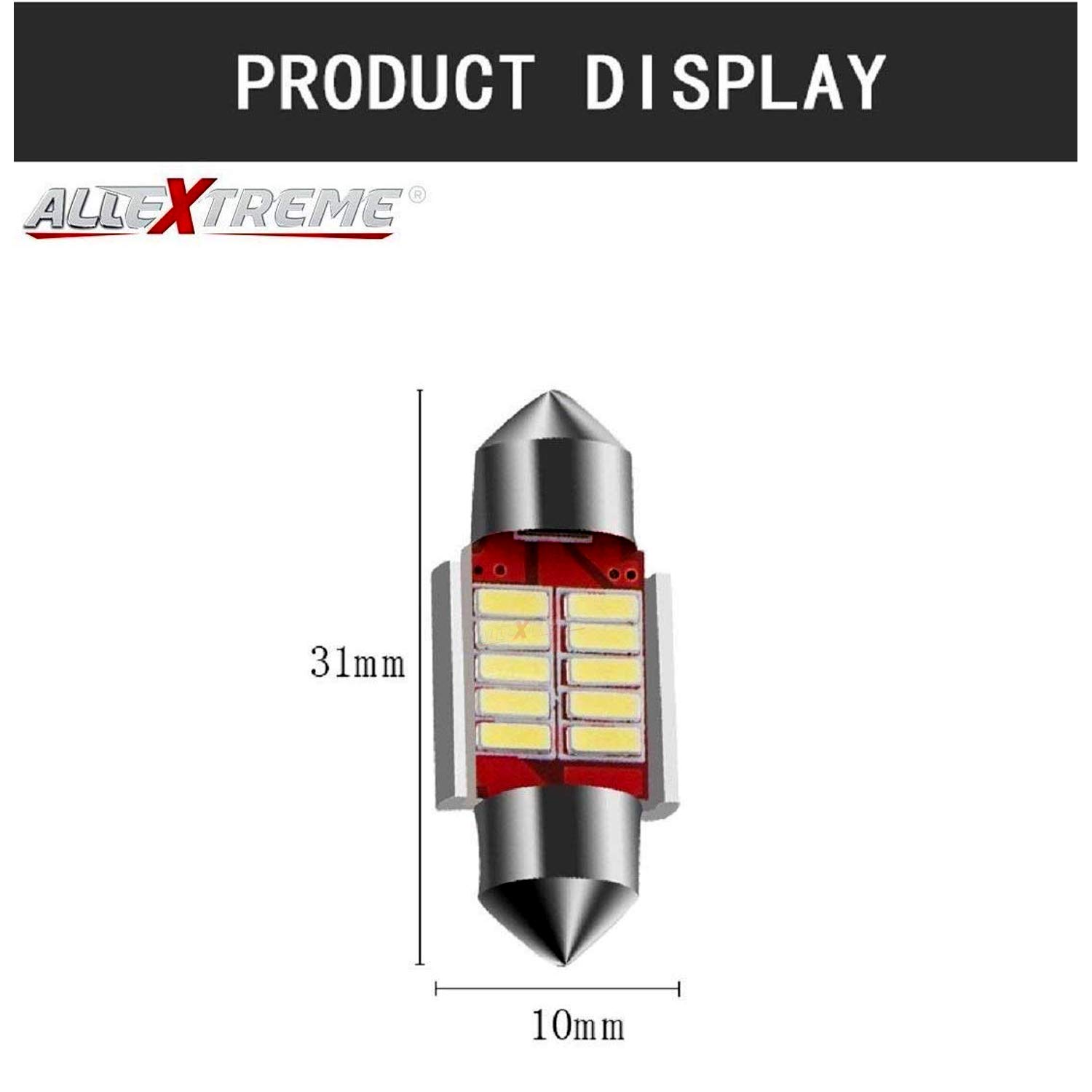 Allextreme EX31SDW 10 LED Universal Car Interior Super Bright Roof Light Reading Dome Bulb Lamp with Festoon Holder (5W, White, 2 PCS) - View 2 of 4