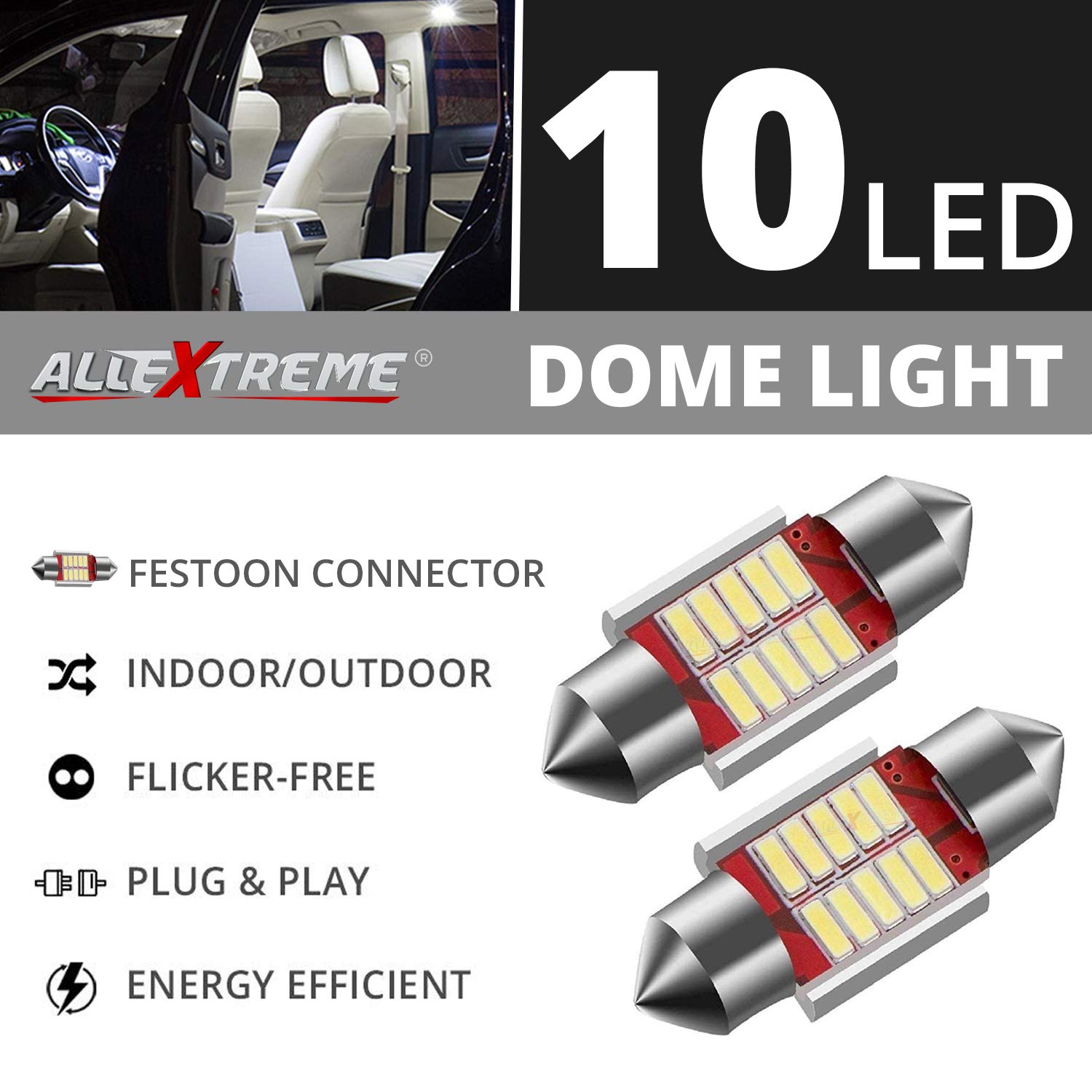 Allextreme EX31SDW 10 LED Universal Car Interior Super Bright Roof Light Reading Dome Bulb Lamp with Festoon Holder (5W, White, 2 PCS) - View 3 of 4