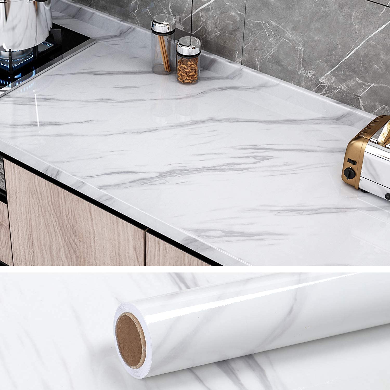 FUUNSOO Kitchen Oil Proof Wall Paper 200cm x 60cm CM Peel and Stick Countertops Waterproof, Anti-Mold, Heat Resistant,Self-Adhesive Wall Sticker Backsplash Marble Wall Paper (White) - View 2 of 5
