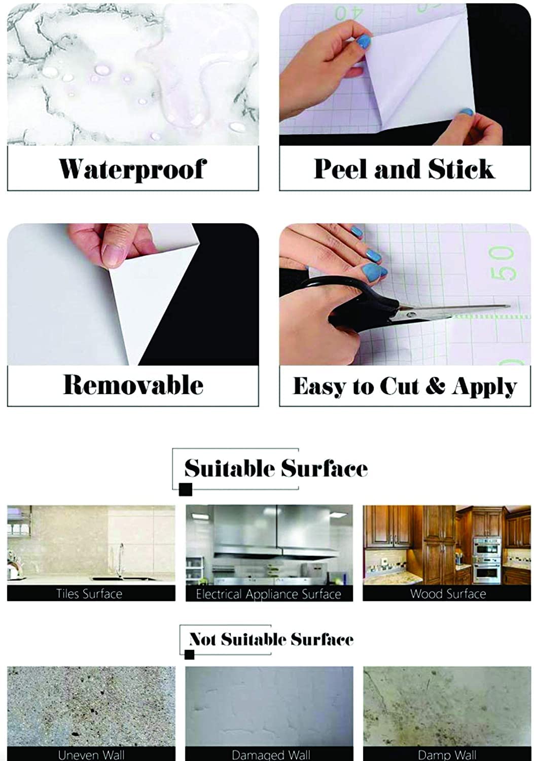 FUUNSOO Kitchen Oil Proof Wall Paper 200cm x 60cm CM Peel and Stick Countertops Waterproof, Anti-Mold, Heat Resistant,Self-Adhesive Wall Sticker Backsplash Marble Wall Paper (White) - View 4 of 5