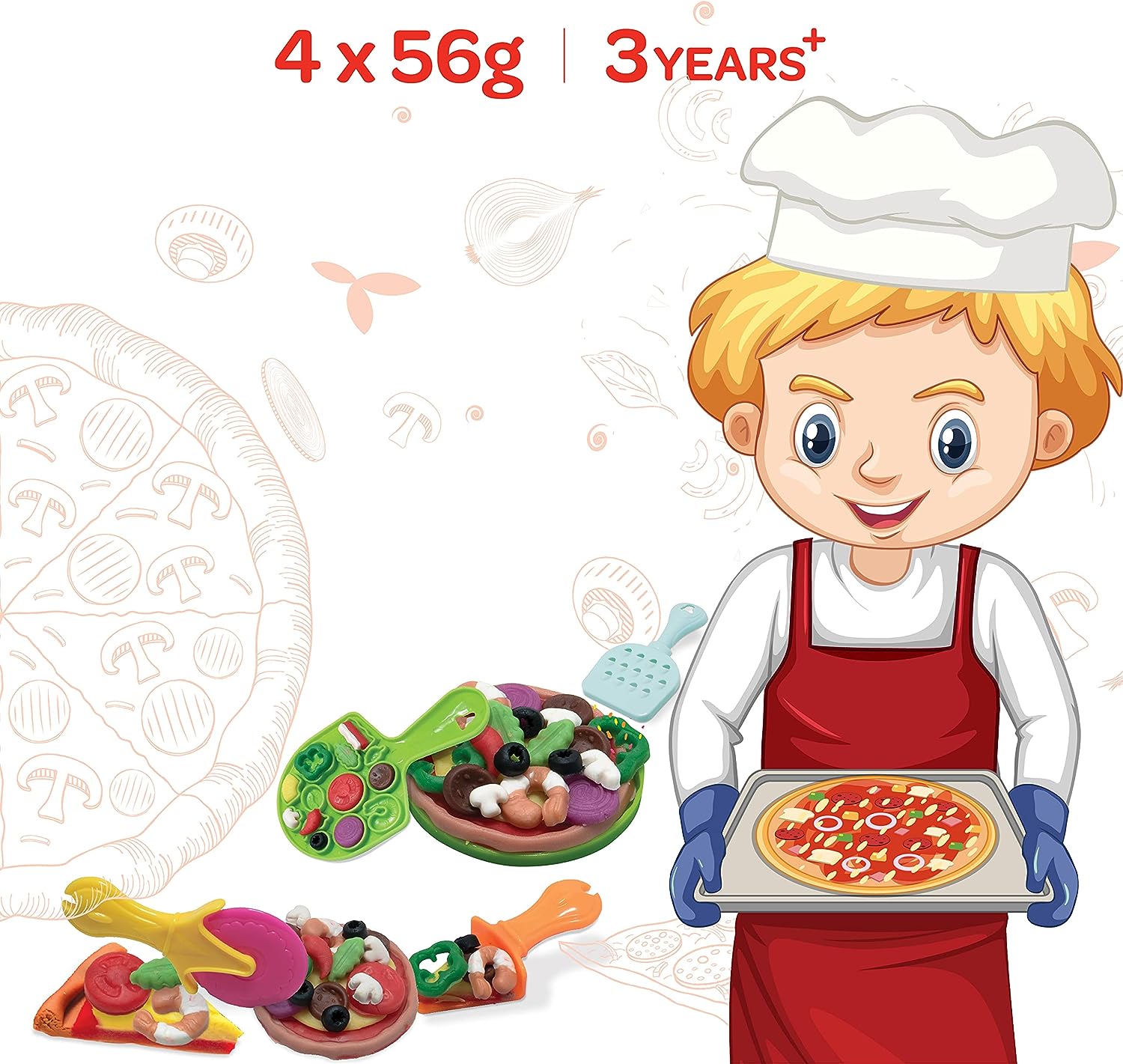 MOON Dough Creation Pizza Treat – Educational Playdough for Kids with Cutters Tools – Non-Toxic Modeling Clay for 3+ Years – DIY Clay Toys and Accessories for Birthday Party – 4 x 56g - View 3 of 3