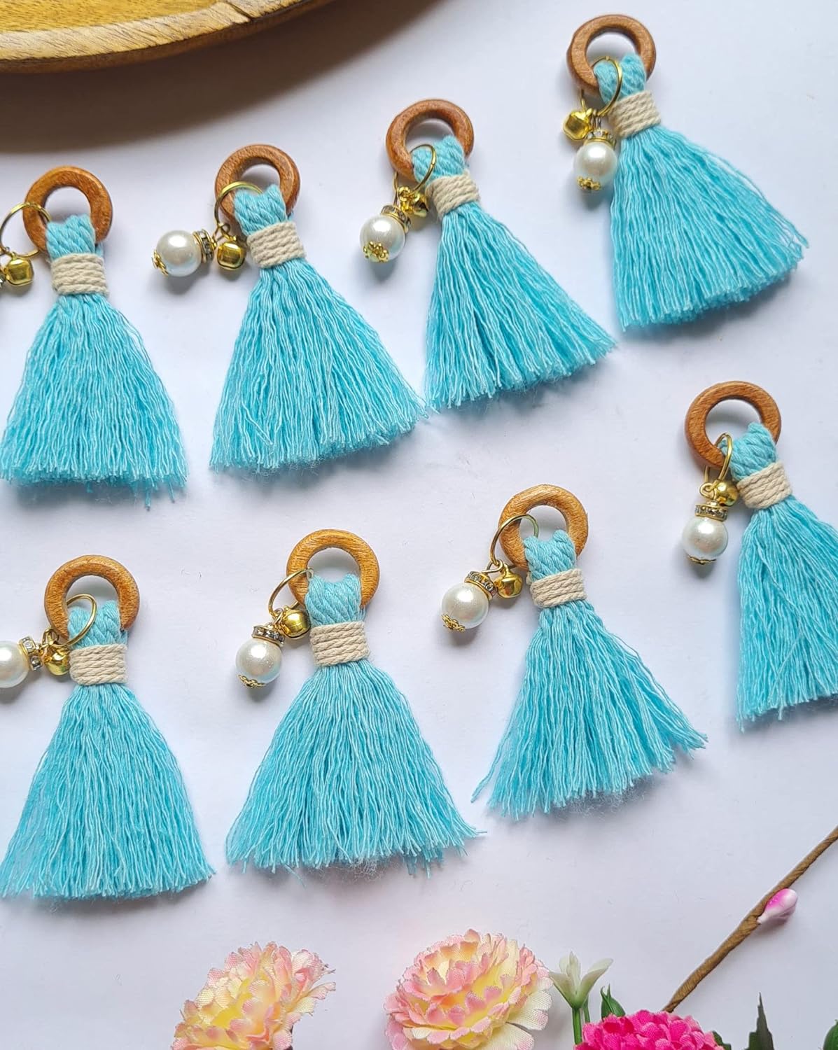 Zippy Flora Mini Handmade Cotton Tassels with Ghungroo , Pack of 10 (with Pearl Beads, Sky Blue) - View 4 of 4