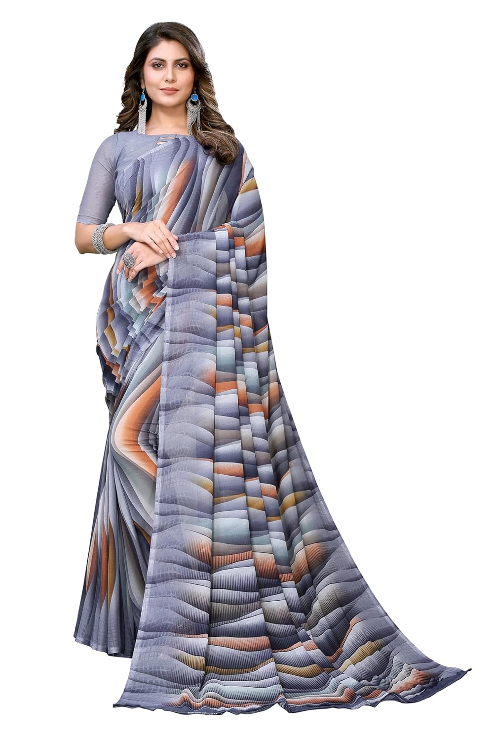 Yashika Women's Trendy Printed Georgette Purple Color Saree with Blouse Material - View 6 of 8