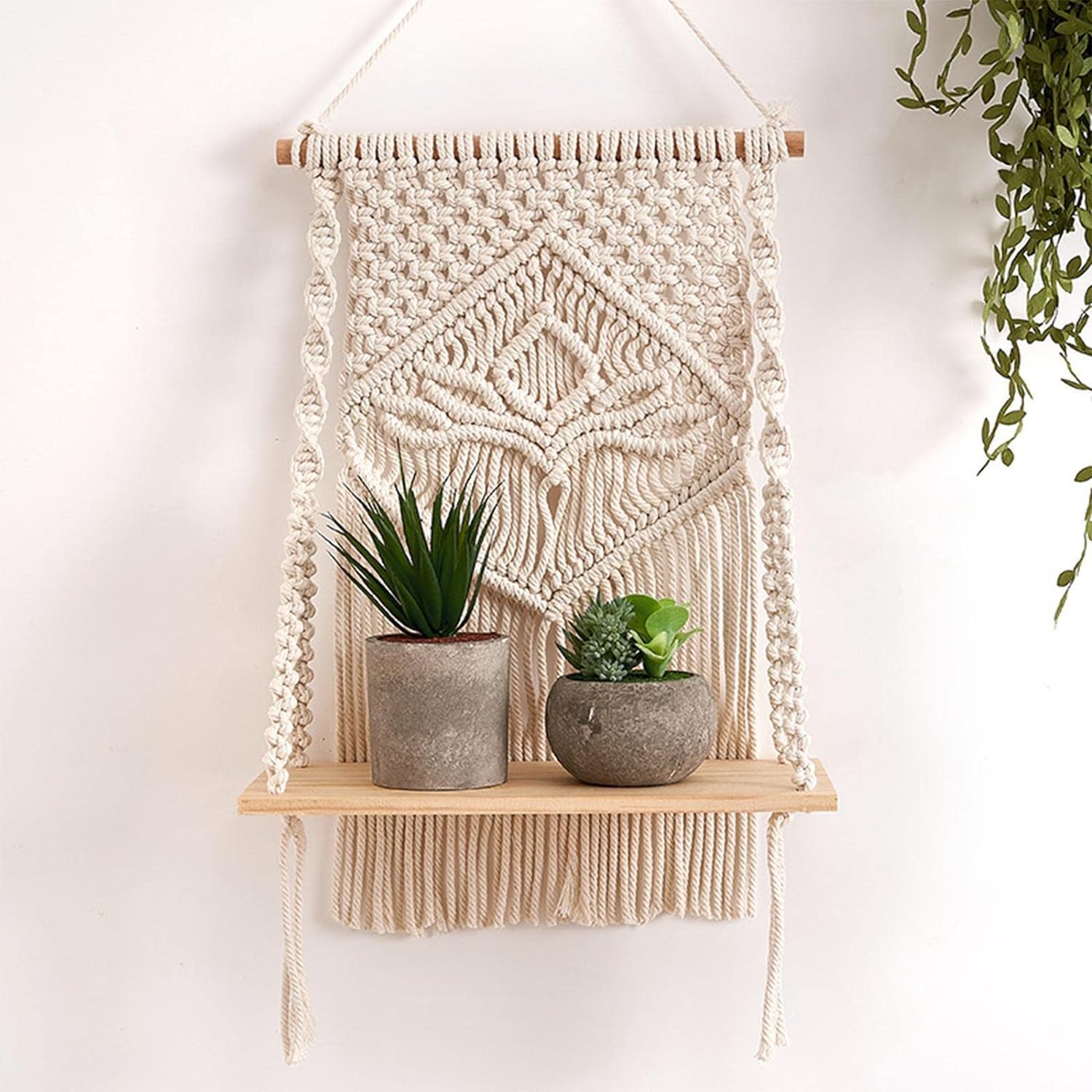 Decazone Macrame Indoor Wall Hanging Shelf Chic Decor Wood Floating Boho Shelves with Wooden Dowel Hand Woven Bohemian Decor for Apartment Dorm Bedroom Living Room Nursery Beige 60 x 30cm - Related product