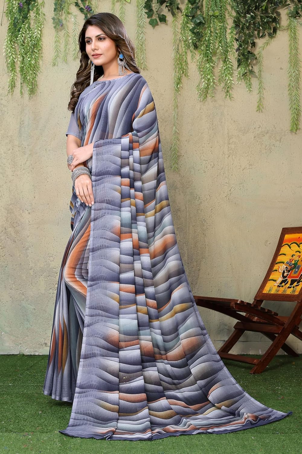 Yashika Women's Trendy Printed Georgette Purple Color Saree with Blouse Material - View 3 of 8