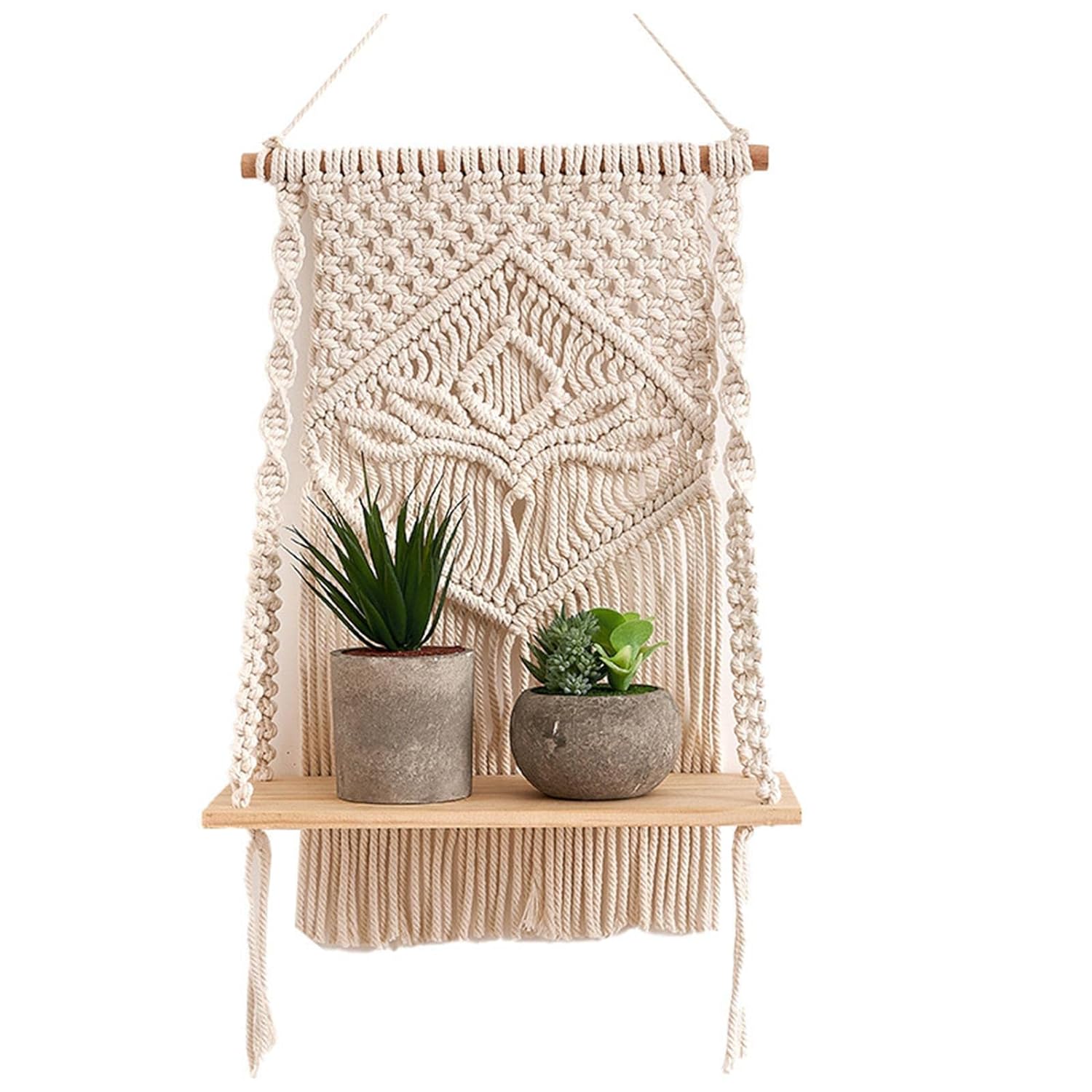 Decazone Macrame Indoor Wall Hanging Shelf Chic Decor Wood Floating Boho Shelves with Wooden Dowel Hand Woven Bohemian Decor for Apartment Dorm Bedroom Living Room Nursery Beige 60 x 30cm - View 2 of 4