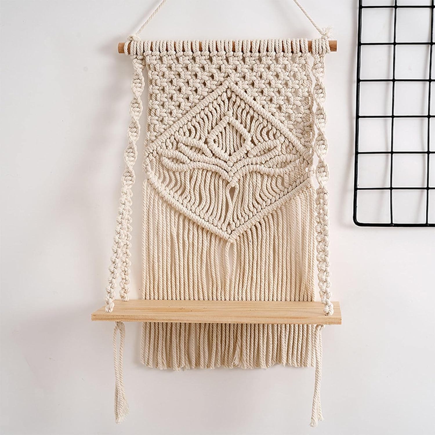 Decazone Macrame Indoor Wall Hanging Shelf Chic Decor Wood Floating Boho Shelves with Wooden Dowel Hand Woven Bohemian Decor for Apartment Dorm Bedroom Living Room Nursery Beige 60 x 30cm - View 4 of 4