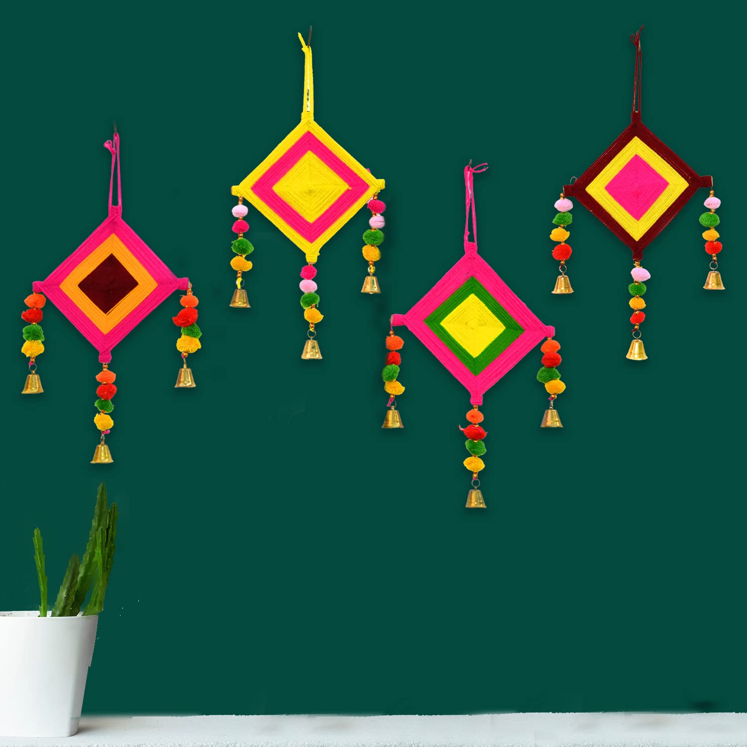 CraftVatika Kites Wall Pom Pom Hanging with Bells Strings Decoration for Home, Office, Door, Window, Haldi, Mehndi, Festival Decoration Items, Multicolor (4 Pc's) - Related product