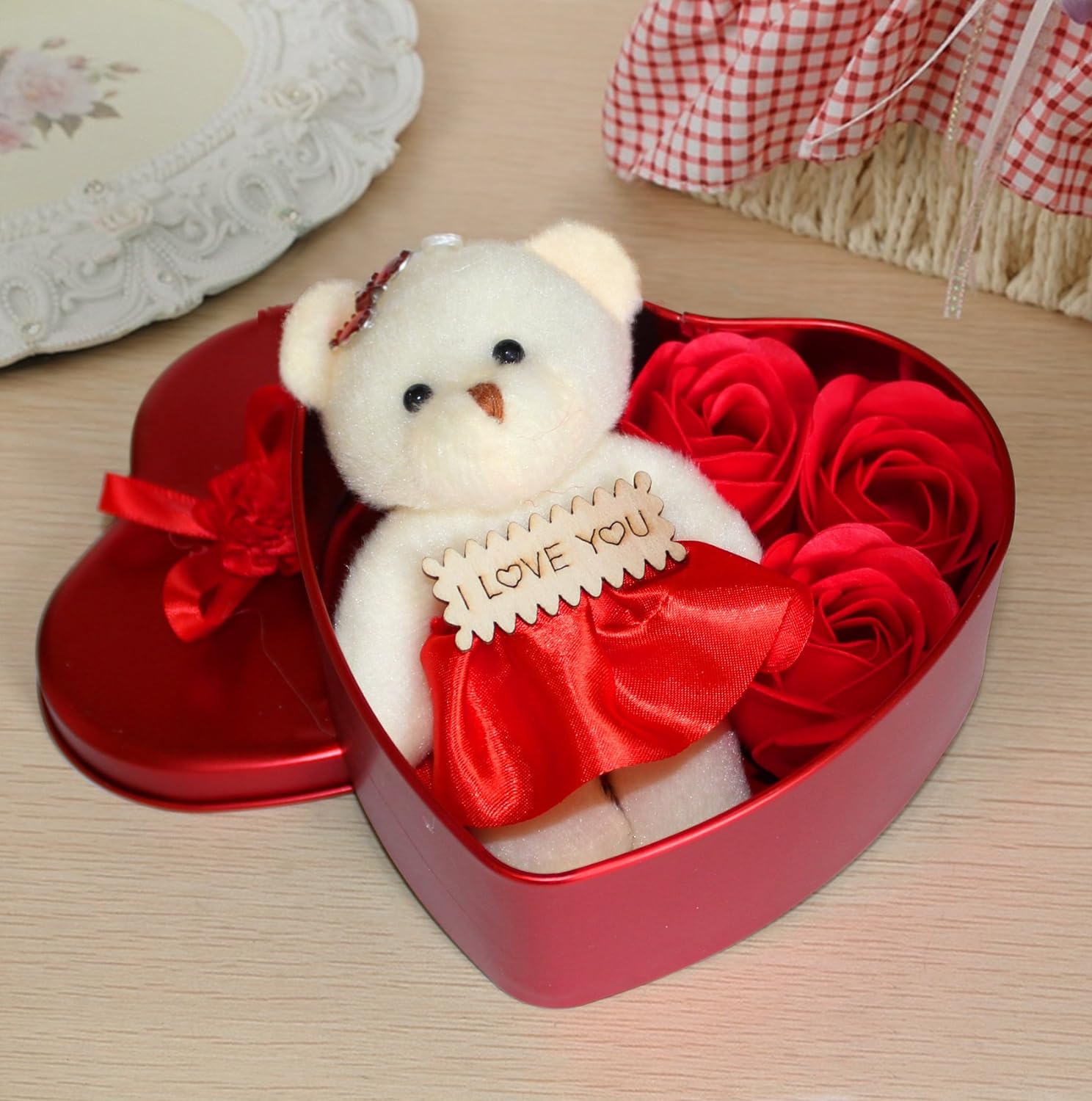 TIED RIBBONS Birthday Wedding Anniversary Gift for Girlfriend Boyfriend Wife Husband Him Her - Special (Heart Shape Teddy Gift Box with Scented Rose Flowers and Heart Shaped Cushion Greeting Card) - View 4 of 4
