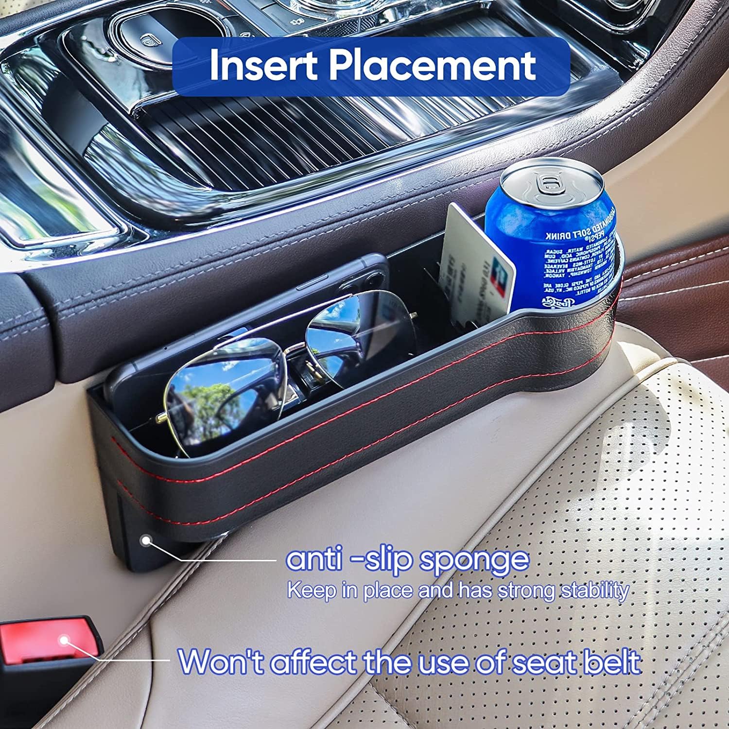 UCRAVO Car Seat Gap Filler Organizer, 1 Pack Multifunctional Car Seat Organizer, Auto Console Side Storage Box with Cup Holders Seat Hooks for Drink, Car Organizer Front Seat for Holding Phone - View 4 of 7