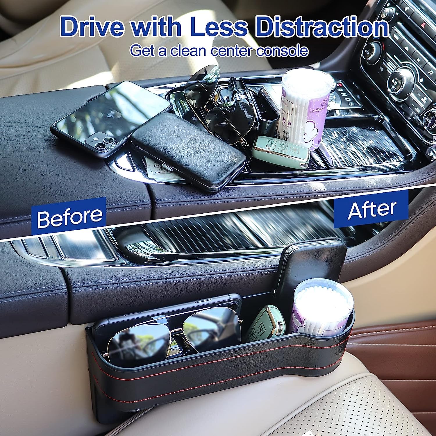 UCRAVO Car Seat Gap Filler Organizer, 1 Pack Multifunctional Car Seat Organizer, Auto Console Side Storage Box with Cup Holders Seat Hooks for Drink, Car Organizer Front Seat for Holding Phone - View 3 of 7