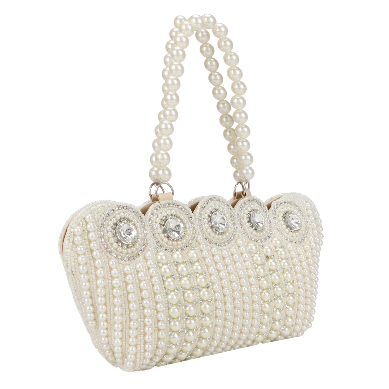 VANYA HANDICRAFT COLLECTION Women's Small Cutest Vintage Style Pearl Tote Wrist Bag Evening Clutch Purse, White - View 2 of 4