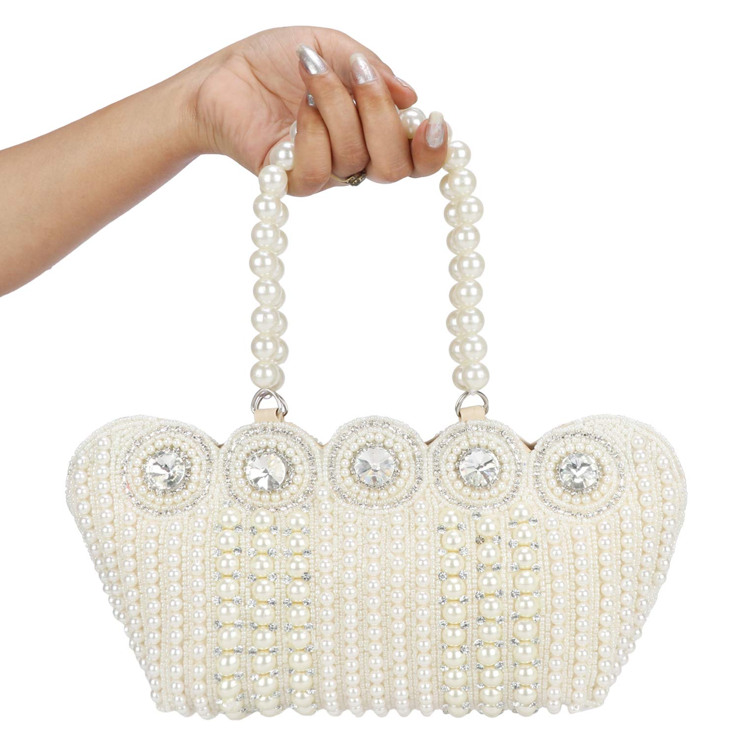 VANYA HANDICRAFT COLLECTION Women's Small Cutest Vintage Style Pearl Tote Wrist Bag Evening Clutch Purse, White - View 4 of 4