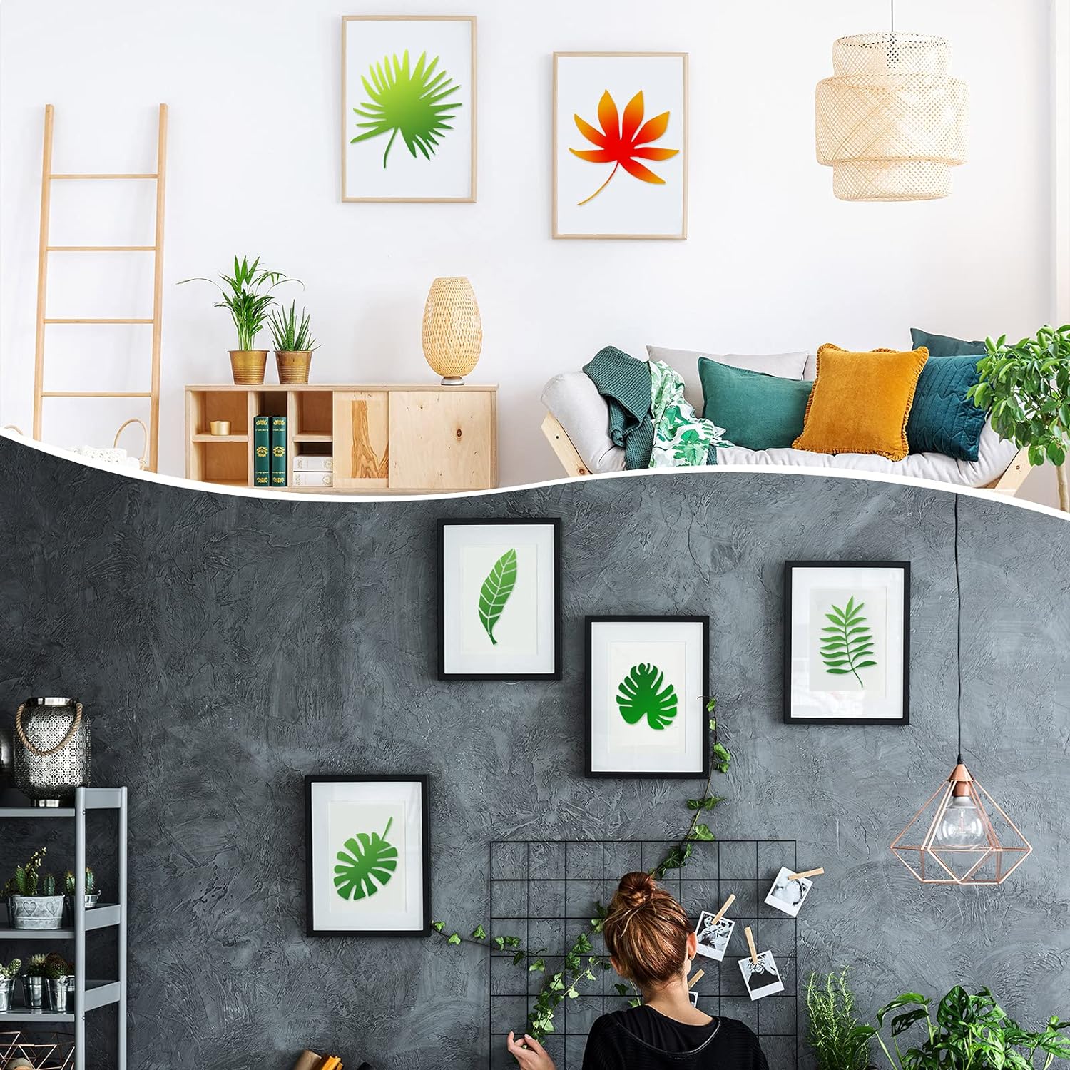 Zonon 12 Pieces Tropical Fern Leaf Painting Stencils Large Reusable Palm Turtle Leaf Wall Stencil Flexible Botanical Leaves Template Set Crafts For Furniture Canvas Wood Plank (4 X 8 Inches) - View 2 of 5