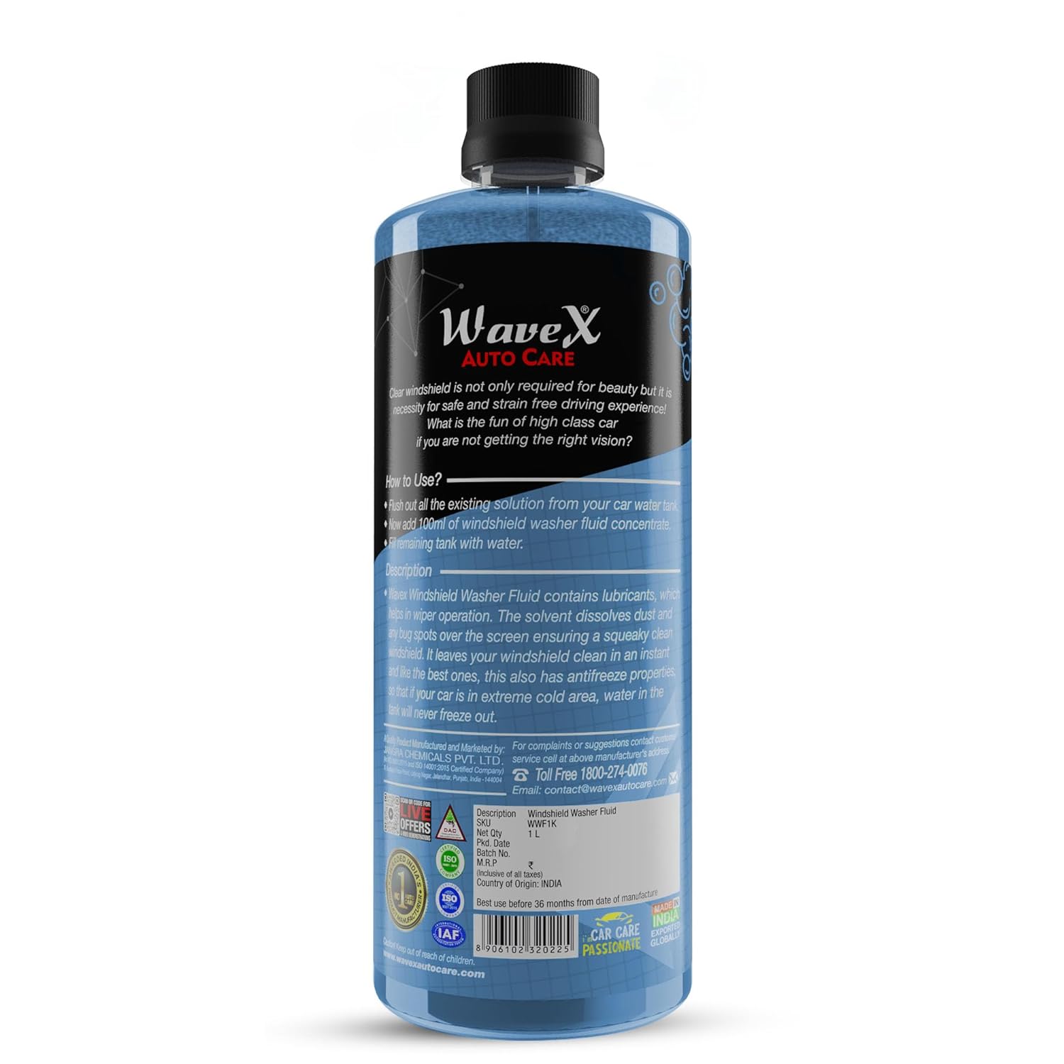Wavex Windshield Washer Fluid For Car 1 Ltr - Car Windshield Cleaner Liquid In Concentrate Form - Car Wiper Liquid that protects the wipers and gives 100% optical clarity while driving. - View 2 of 2