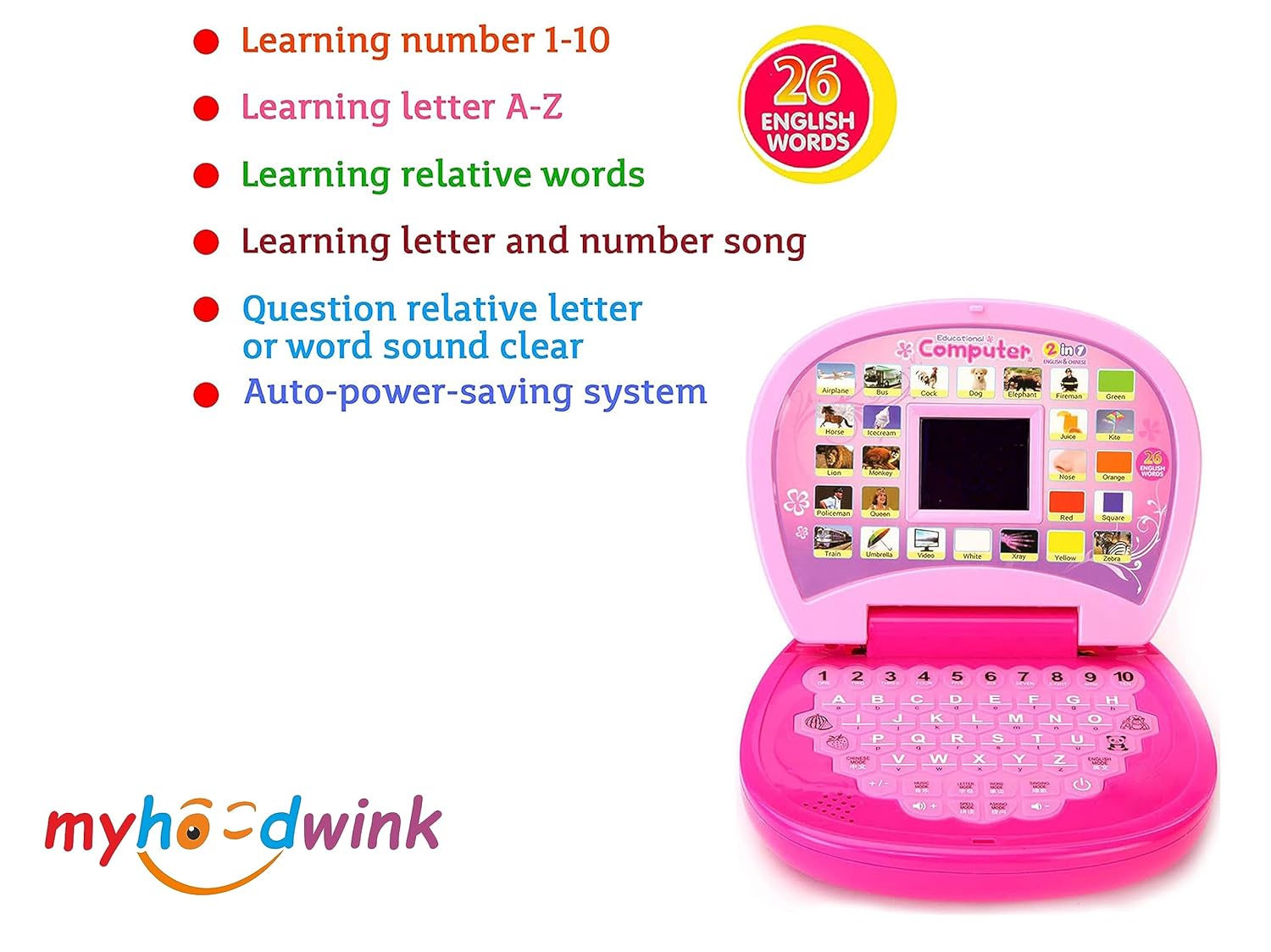 myhoodwink® Kids Baby Laptop Computer Toy for Kids Activity Electronics Number &amp; Alphabet, Learning Educational Toy Charts for Kids 3 4 5 6 7+ Years (Pink) - View 3 of 5