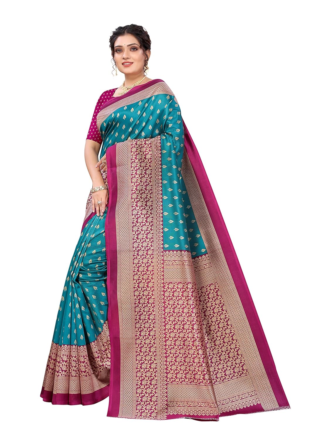 PISARA Women's Art Silk Printed Saree With Unstitched Blouse Piece - View 3 of 4