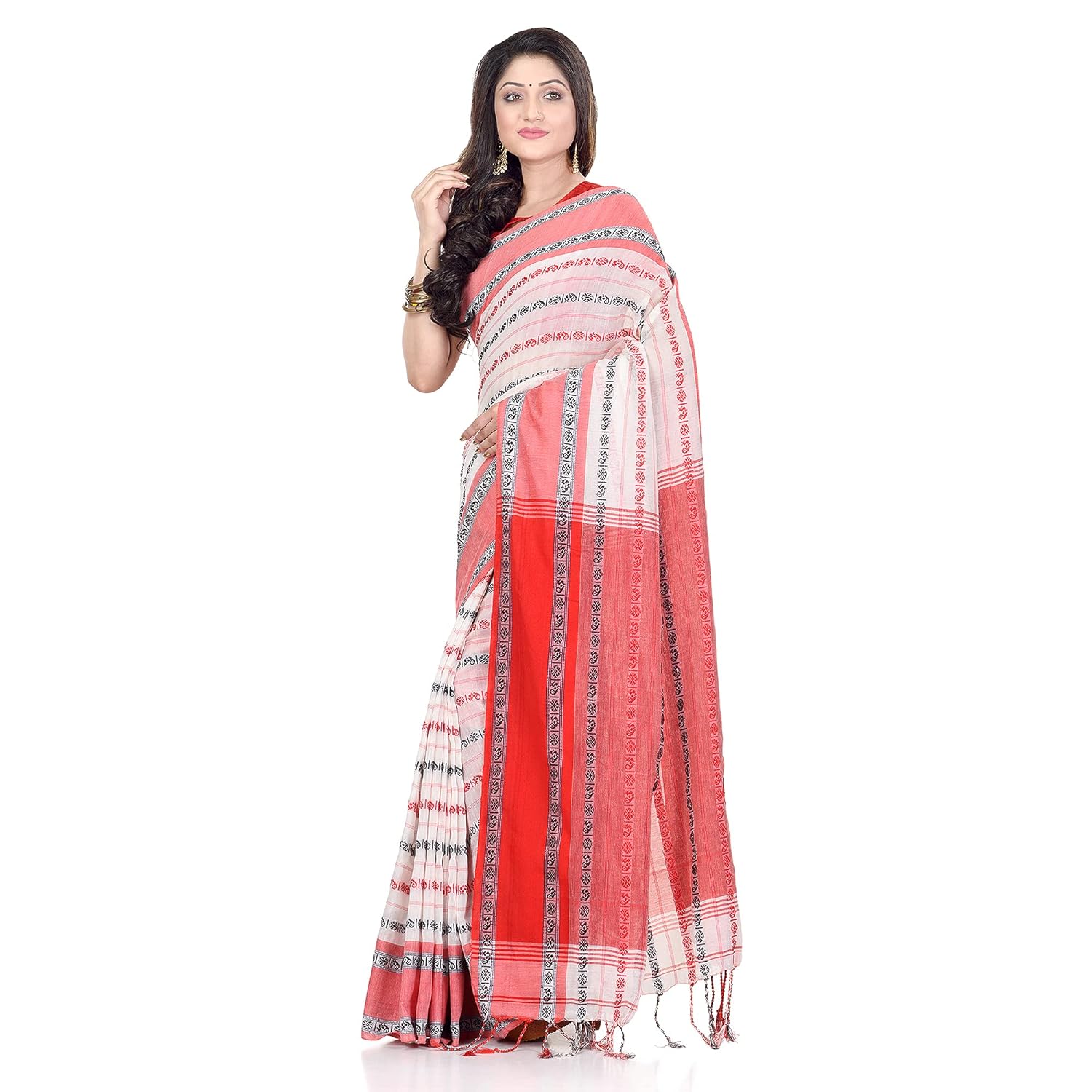 TANTLOOM Women`s Traditional Bengali Bengamuri Pure Handloom Cotton Saree With Blouse Piece - View 2 of 6