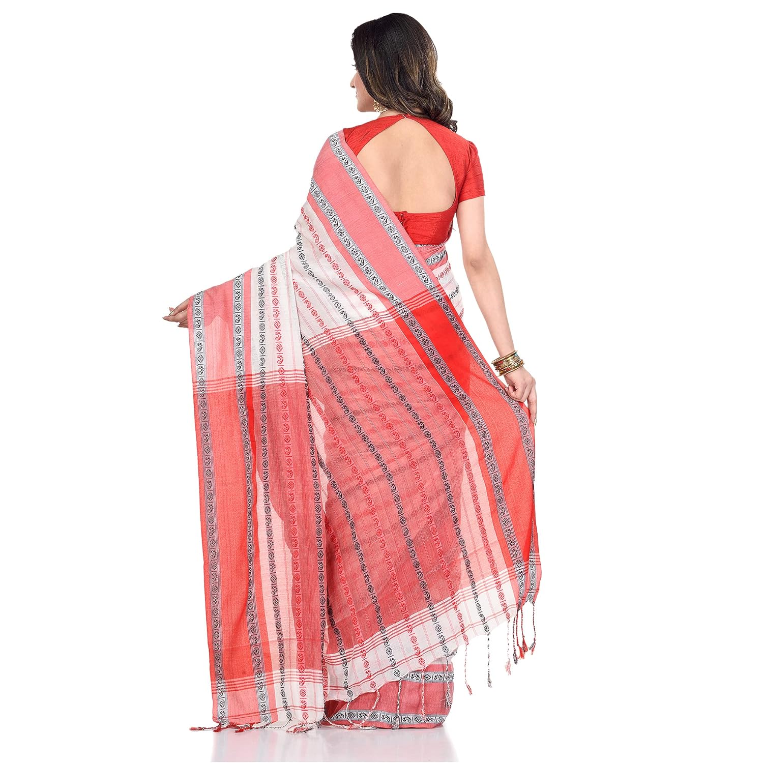 TANTLOOM Women`s Traditional Bengali Bengamuri Pure Handloom Cotton Saree With Blouse Piece - View 3 of 6