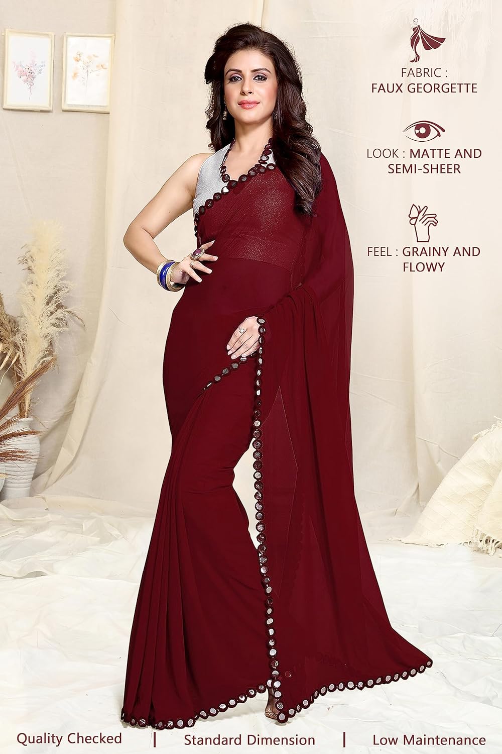 SOURBH Women's Soft Georgette Designer Mirror Border work Plain Saree with Blouse Piece - View 2 of 6