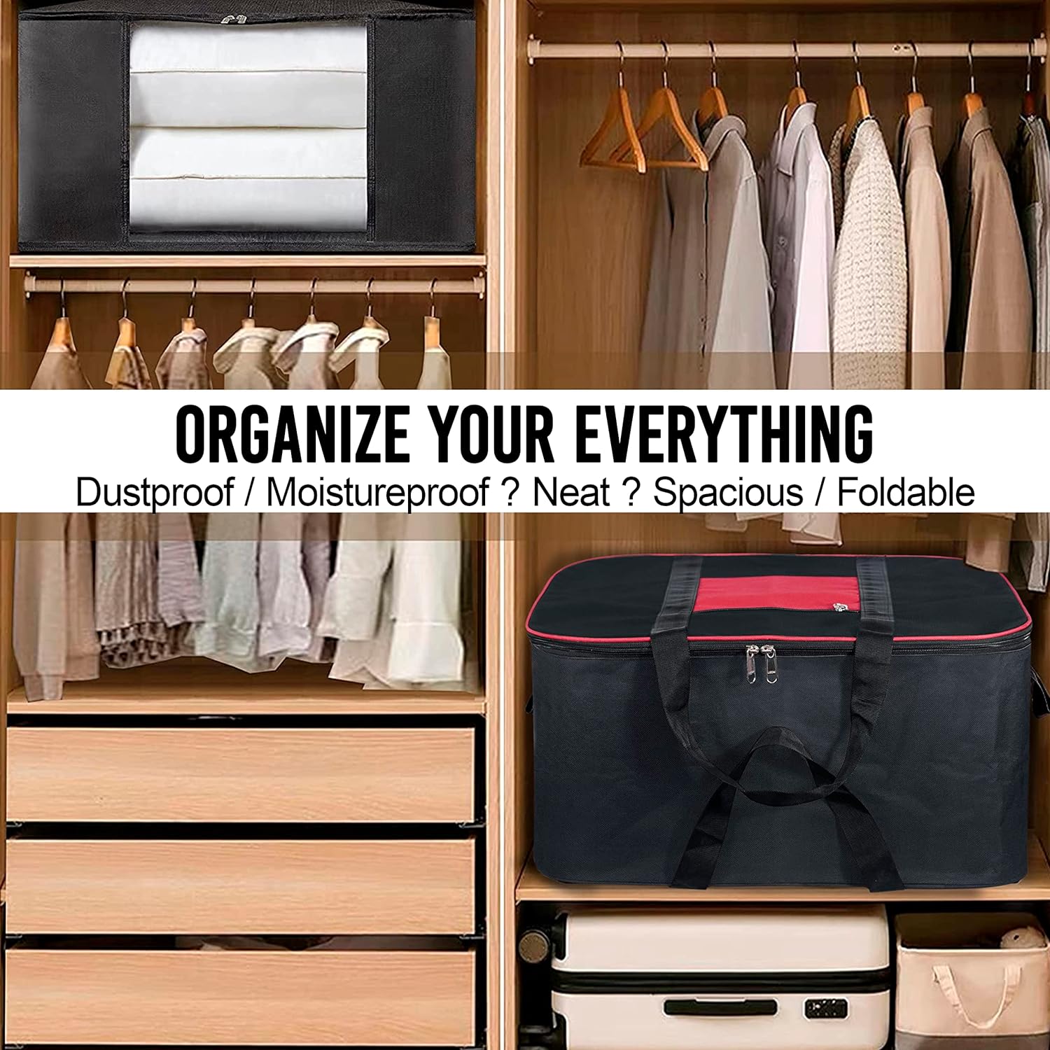 Storite 2 Pack Moisture Proof Nylon Large Size Underbed Storage Bag For Clothes (54 x 46 x 28 cm) - Black, Rectangular - View 3 of 4