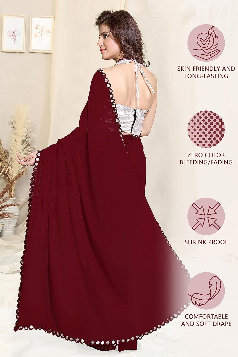 SOURBH Women's Soft Georgette Designer Mirror Border work Plain Saree with Blouse Piece - View 3 of 6