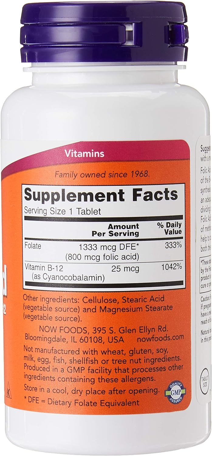 Now Foods Folic Acid 800 mcg With B12 Tablets - 250 - Image 2