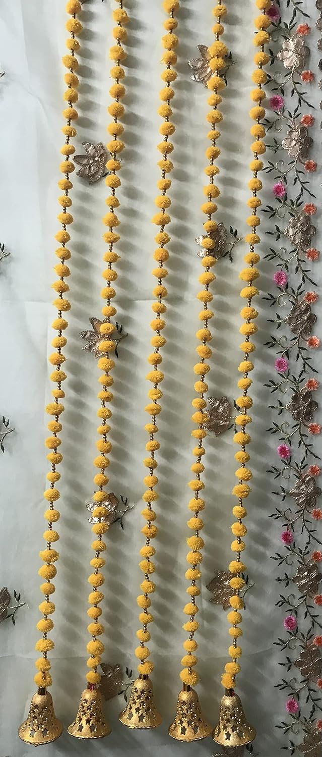 Khadgatta Handicrafts Wall Door Pom Pom String with Golden Beads, Big Bell Hanging Torans Garland Decoration Item for Home Décor Christmas Decoration Size 3.5 Ft (2) (Yellow) (A-304) - Related product