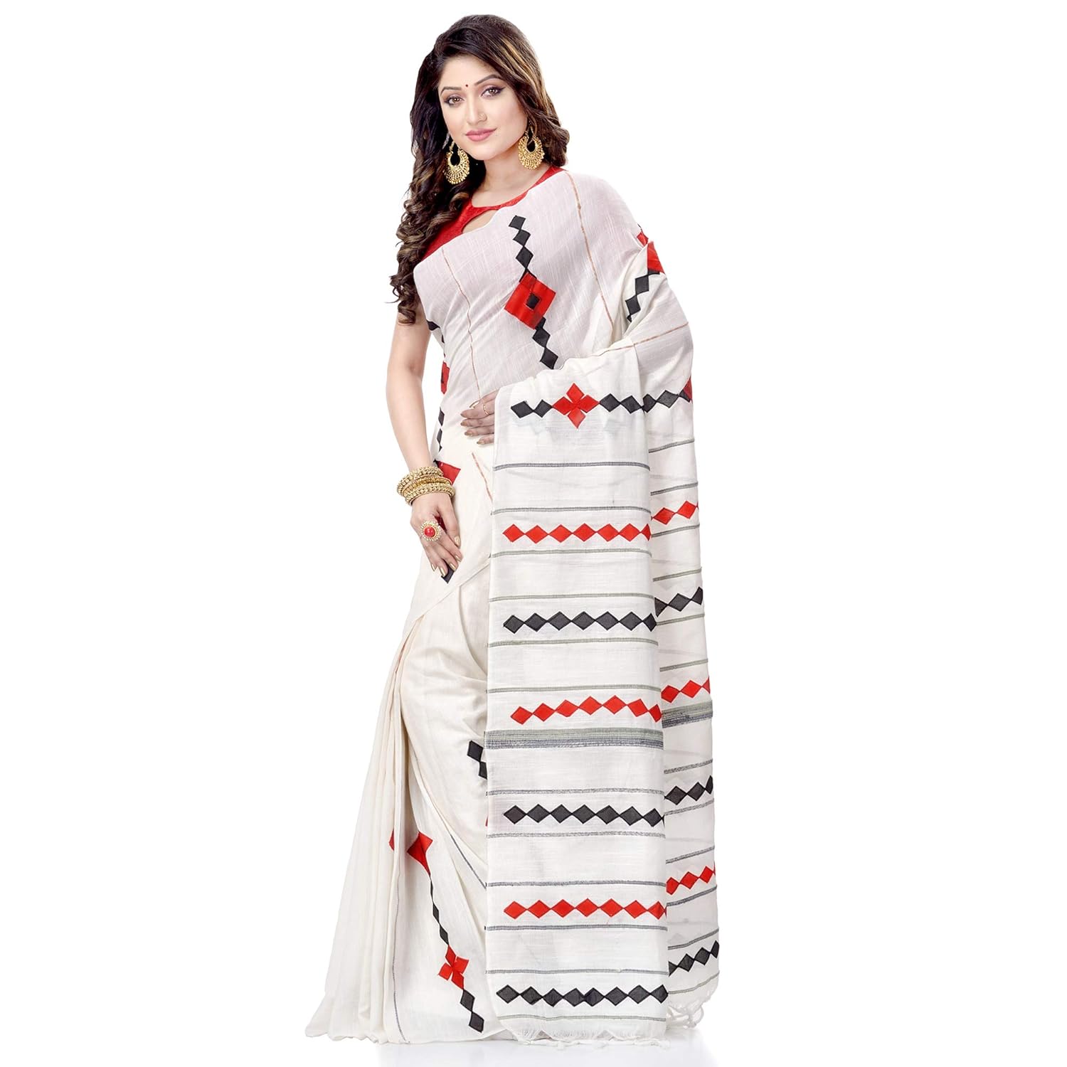 TANTLOOM Women`s Bengali Khesh Pure Cotton Handloom Saree Diamond Designed With Blouse Piece - View 2 of 5