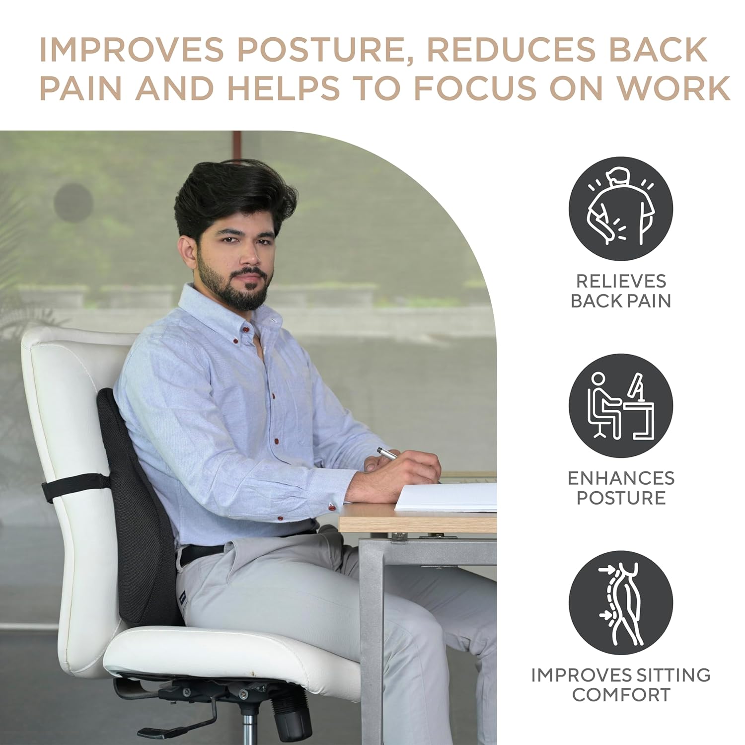 FOVERA Large Back Support for Chair & Car Seat, Orthopedic Lumbar Support Memory Foam Backrest Cushion - Designed for Back Pain Relief - Back Pillow for Comfortable Sitting (Mesh Black) - View 5 of 5