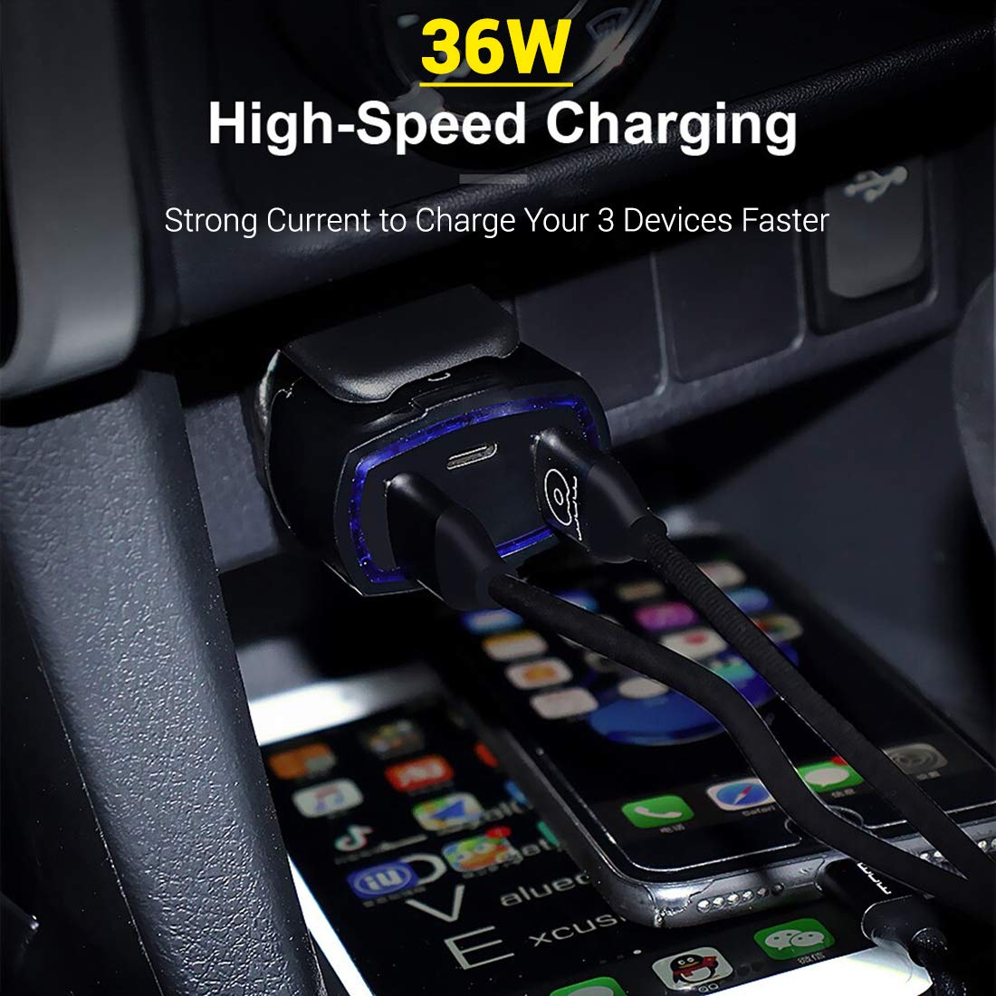 pTron Bullet Pro 36W PD (Type-C) Quick Charger, 3 Port Fast Charging Car Charger Adapter, Compatible with All Smartphones &amp; Tablets (Black) - View 6 of 7