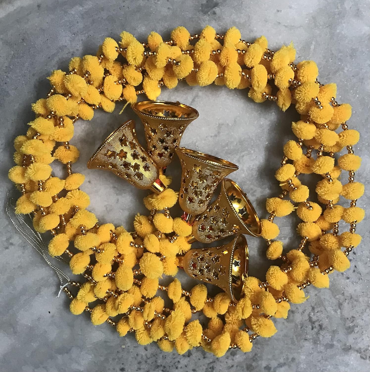 Khadgatta Handicrafts Wall Door Pom Pom String with Golden Beads, Big Bell Hanging Torans Garland Decoration Item for Home Décor Christmas Decoration Size 3.5 Ft (2) (Yellow) (A-304) - View 3 of 4