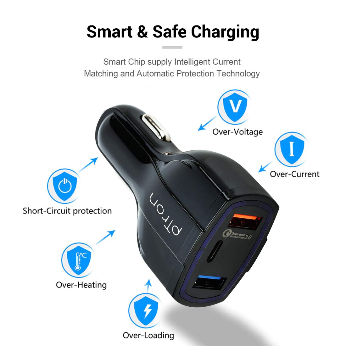 pTron Bullet Pro 36W PD (Type-C) Quick Charger, 3 Port Fast Charging Car Charger Adapter, Compatible with All Smartphones &amp; Tablets (Black) - View 4 of 7