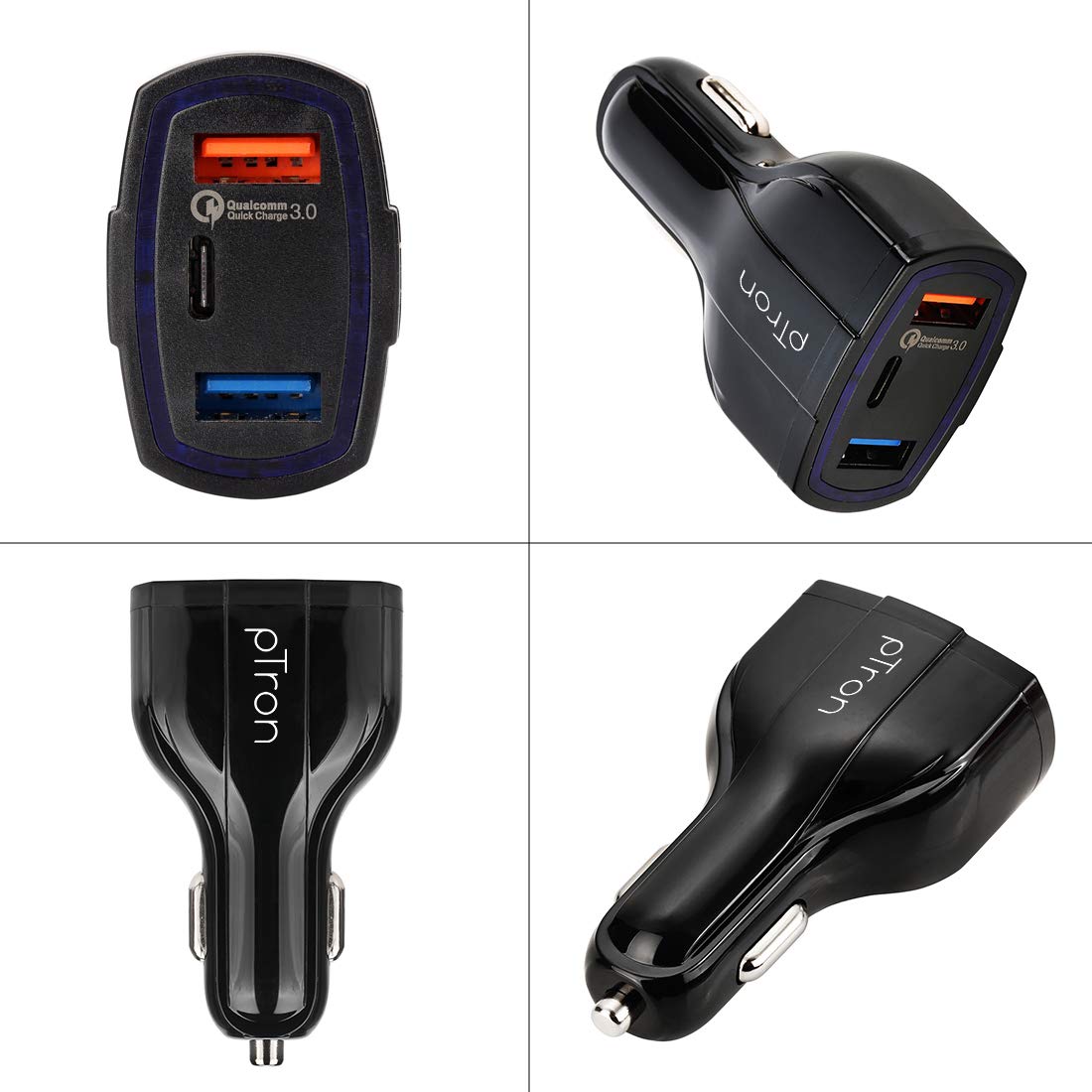 pTron Bullet Pro 36W PD (Type-C) Quick Charger, 3 Port Fast Charging Car Charger Adapter, Compatible with All Smartphones &amp; Tablets (Black) - View 2 of 7