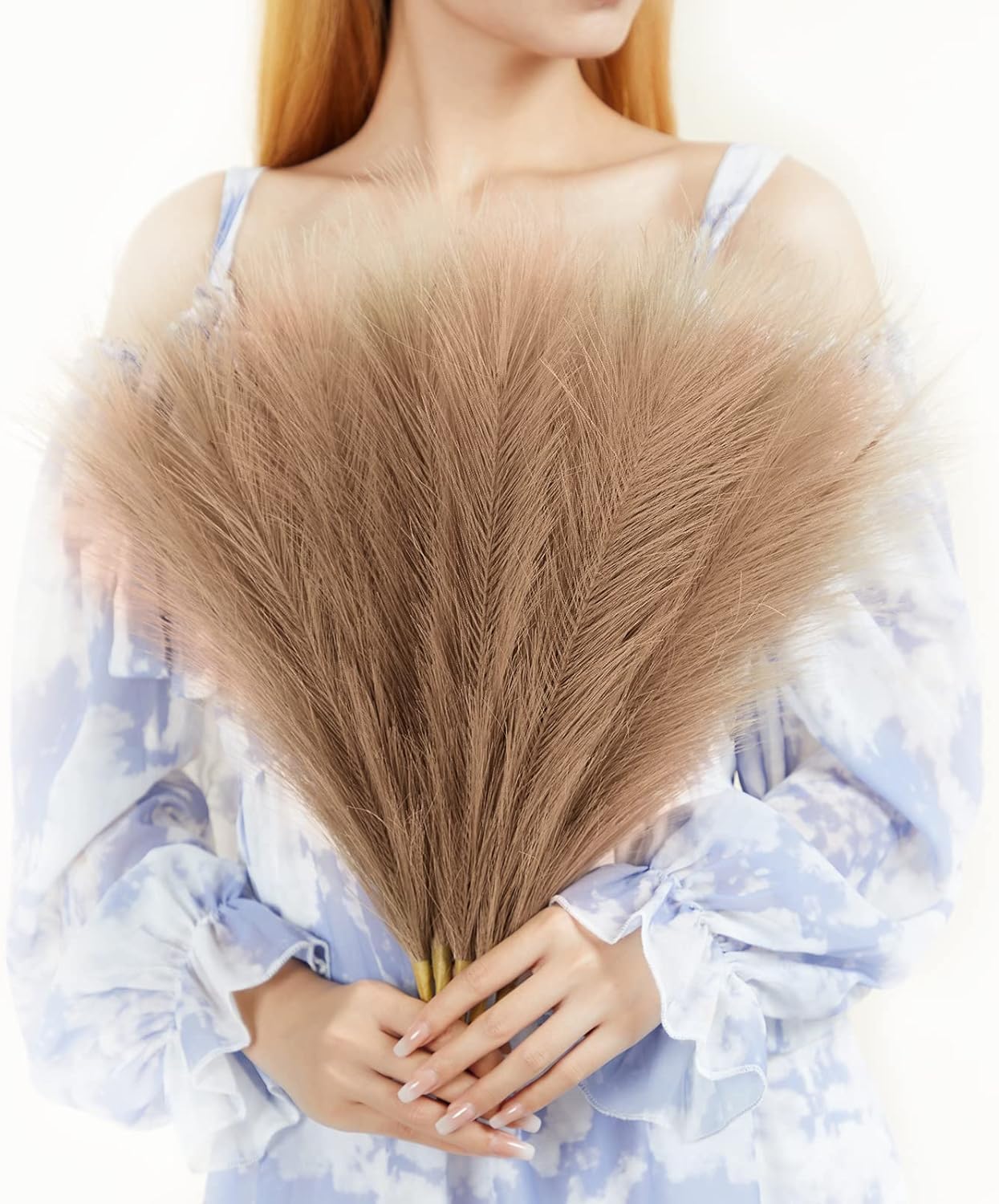 SATYAM KRAFT 3 Pcs Faux Pampas Grass Small Fluffy Artificial Flowers Fake Flower for Home, Office,Bedroom, Table Decoration and Craft Items Corner (Without Vase Pot) (Light Brown) - View 3 of 5