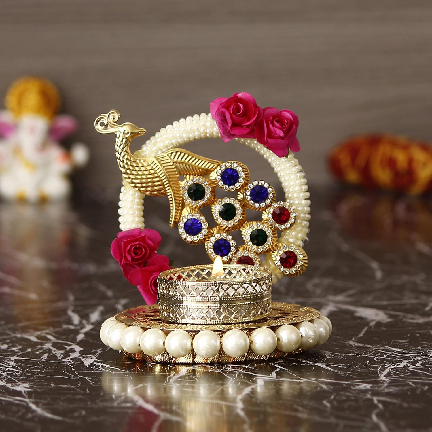eCraftIndia Metal Peacock with Stones Handcrafted Tea Light Candle Holder for Diwali Festival, Home Decor, Table Decoration, Gift - View 2 of 6