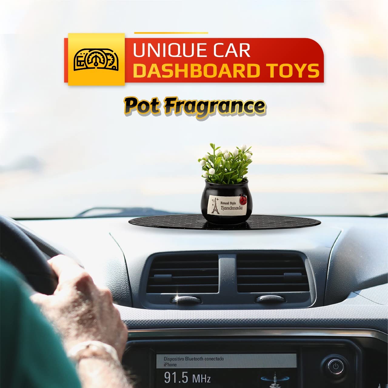 MOTOZOOP ® Car Dashboard Accessories adorable Flower Pot (BLACK) with Anti Slip Pad and Car Perfume Car Dashboard idols and Showpiece car Interior Accessories and gadgets - View 6 of 7