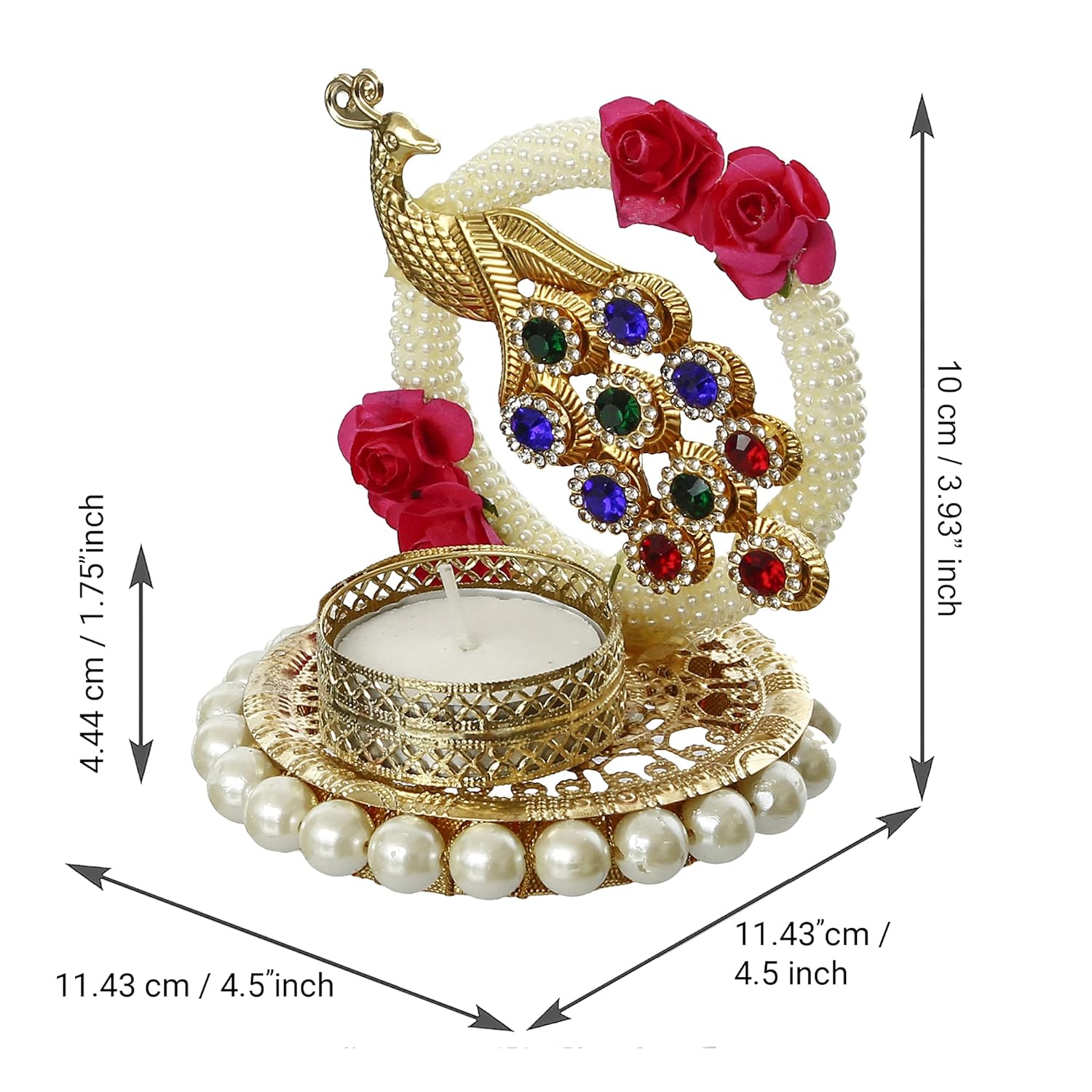 eCraftIndia Metal Peacock with Stones Handcrafted Tea Light Candle Holder for Diwali Festival, Home Decor, Table Decoration, Gift - View 3 of 6