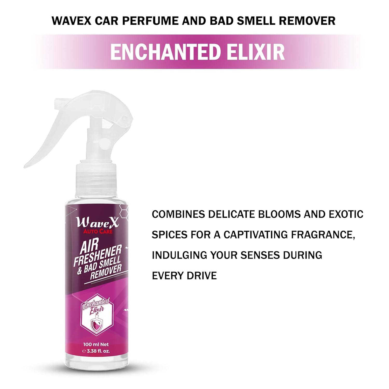 Wavex Car Perfume and Bad Smell Remover Bundle Pack - Serene Paradise, Night Breeze, Enchanted Elixir - 100ml Each, Long-Lasting Fragrances - Refresh Your Car's Ambiance- Car Accessories - View 2 of 5